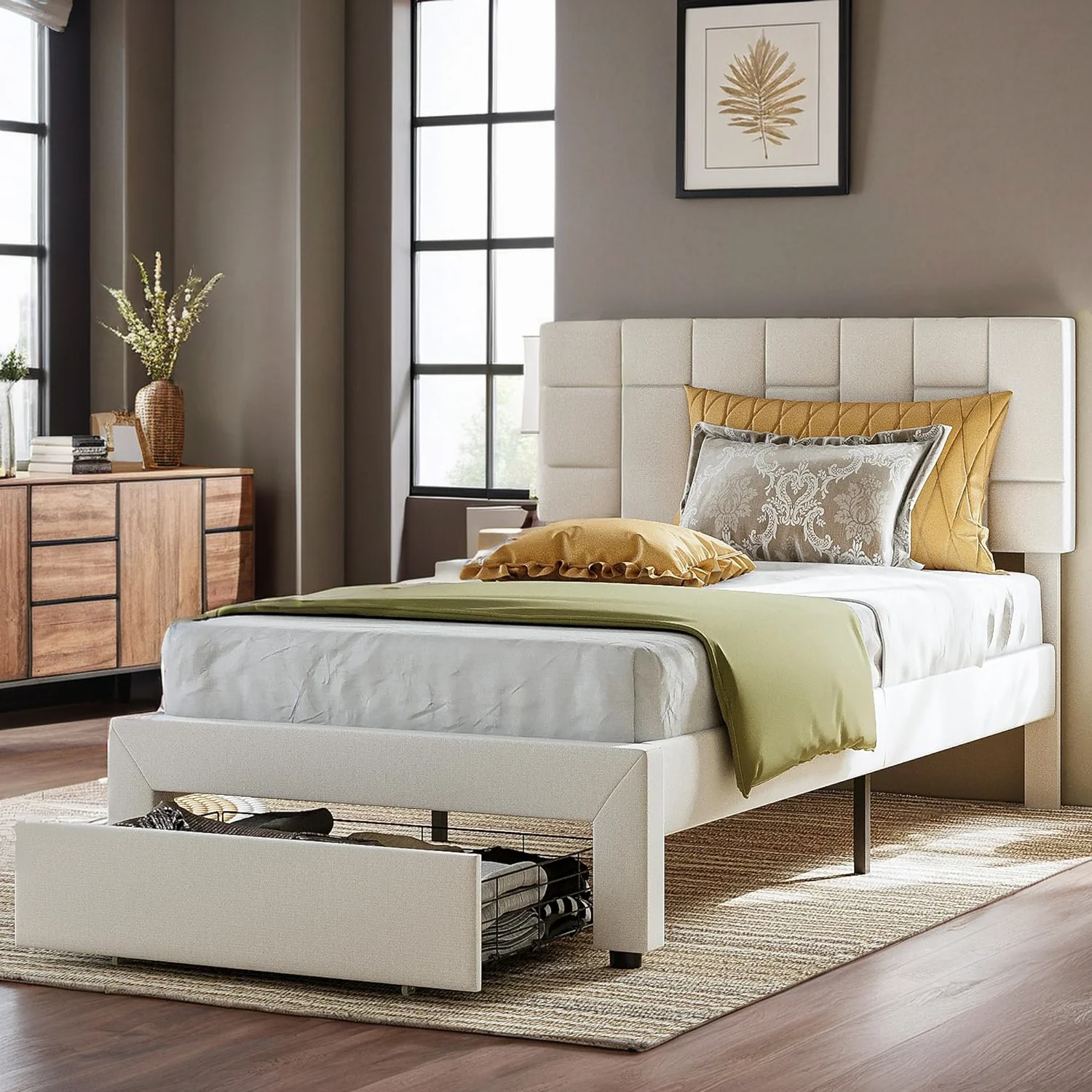 Quality Twin Bed Frame Platform Upholstered Bed Frame with Under-Bed Drawer No Box Spring NeededTwin Bed Frame Platform Upholstered Bed Frame with Under-Bed Drawer No Box Spring Needed Exclusive