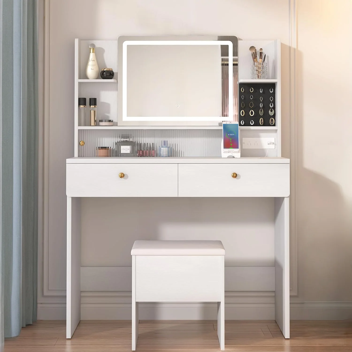 Innovative Vanity Desk Set with Large LED Mirror Vanity Table with Storage Bench Power Outlet Drawers Lovely Phone HolderVanity Desk Set with Large LED Mirror Vanity Table with Storage Bench Power Outlet Drawers Lovely Phone Holder Convenient