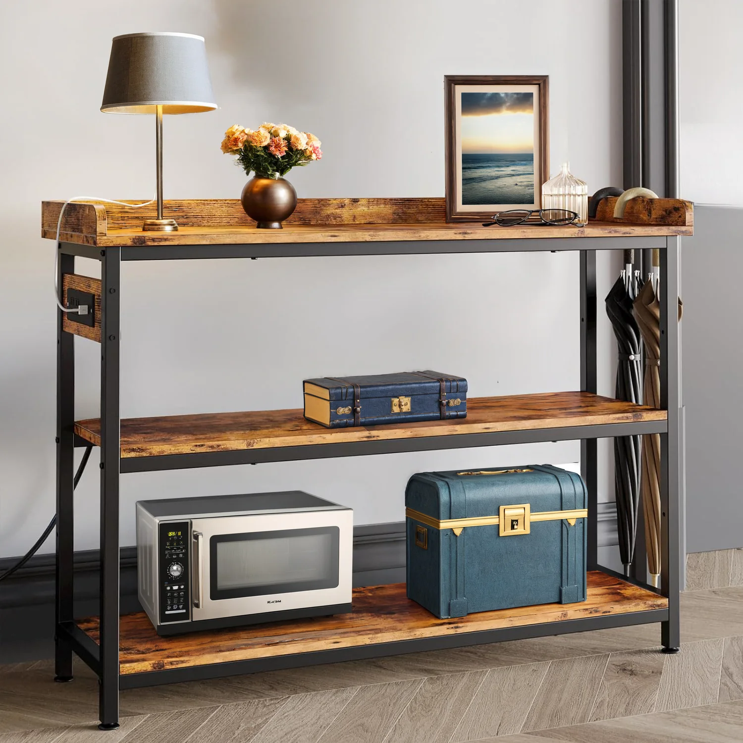 Dependable 43 Height Adjustable Console Table with Power Outlet for Entryway Living Room Rustic Brown43 Height Adjustable Console Table with Power Outlet for Entryway Living Room Rustic Brown Authentic