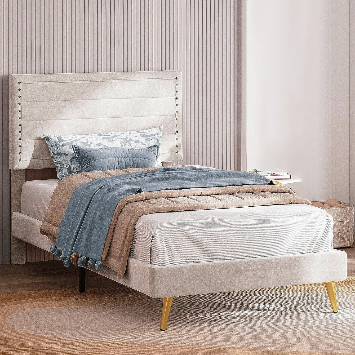 Advanced Twin Size Bed Frame with Upholstered Headboard and Wooden Slats Support BeigeTwin Size Bed Frame with Upholstered Headboard and Wooden Slats Support Beige Casual