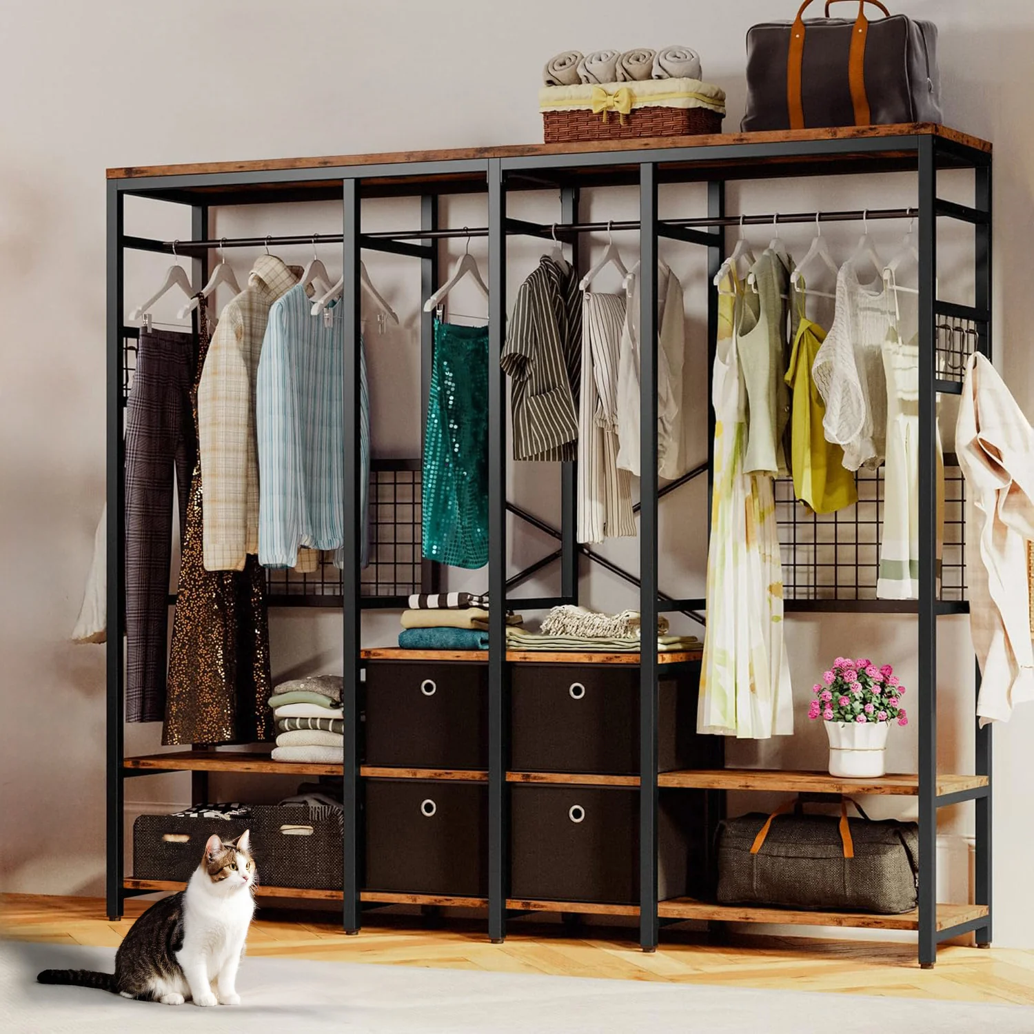 Safe Heavy Duty Closet Hanger with Shelves 4 Drawers and 8 Hooks Vintage BrownHeavy Duty Closet Hanger with Shelves 4 Drawers and 8 Hooks Vintage Brown Flexible