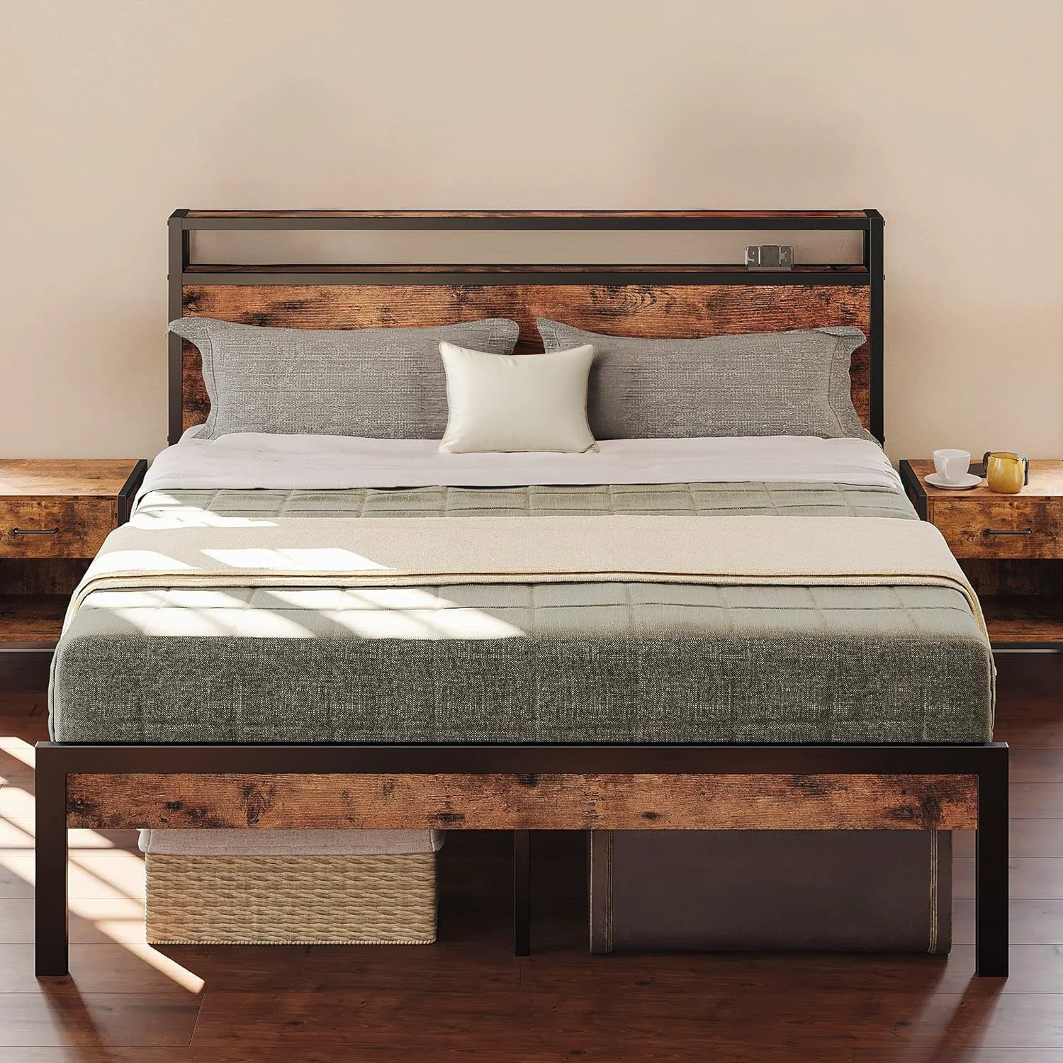Selected Bed Frame with 2 Tier Storage Headboard Full King Size Bed Frame Vintage Brown No Box Spring RequiredBed Frame with 2 Tier Storage Headboard Full King Size Bed Frame Vintage Brown No Box Spring Required Sophisticated