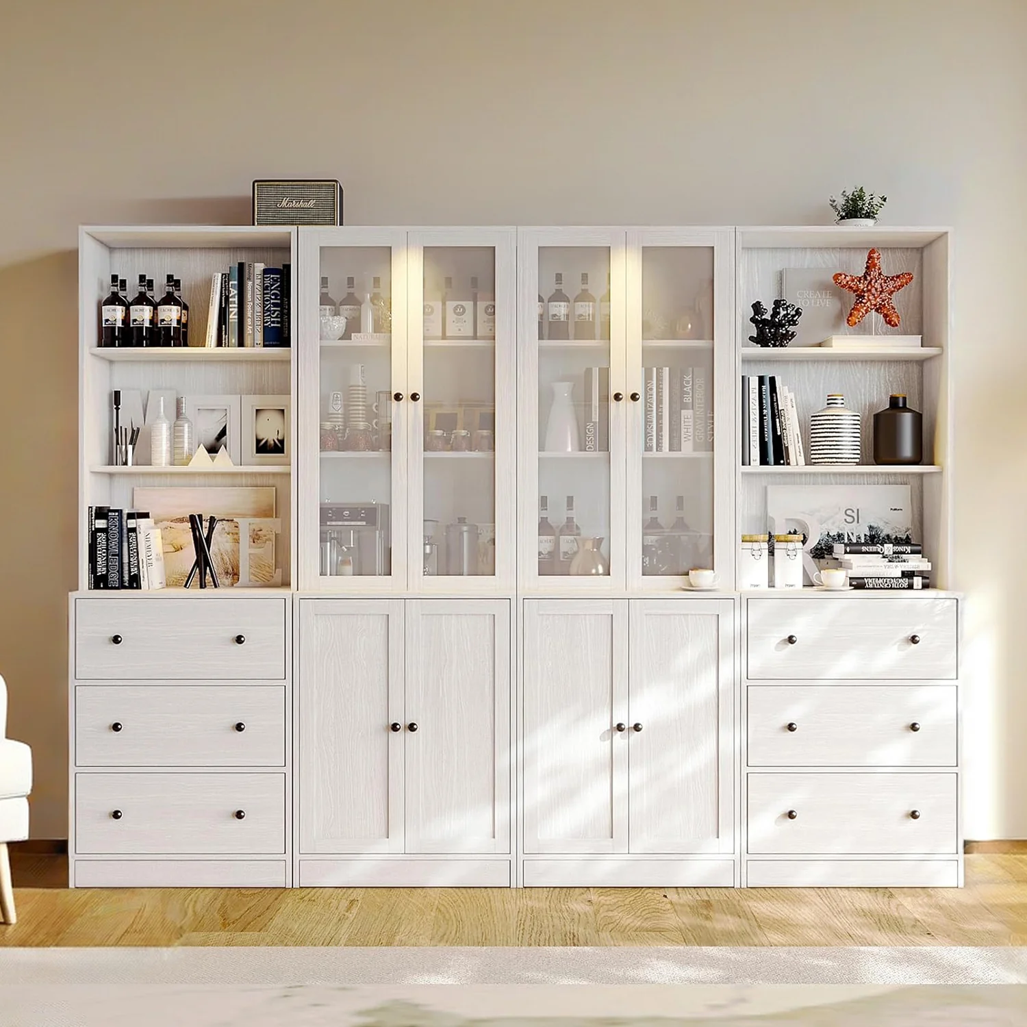Safe Combination Bookcase 4-Piece Set 2pcs 71-inch Bookcase with Drawers Shelves 2pcs 5-layer Storage Cabinet with Glass DoorsCombination Bookcase 4-Piece Set 2pcs 71-inch Bookcase with Drawers Shelves 2pcs 5-layer Storage Cabinet with Glass Doors Fine