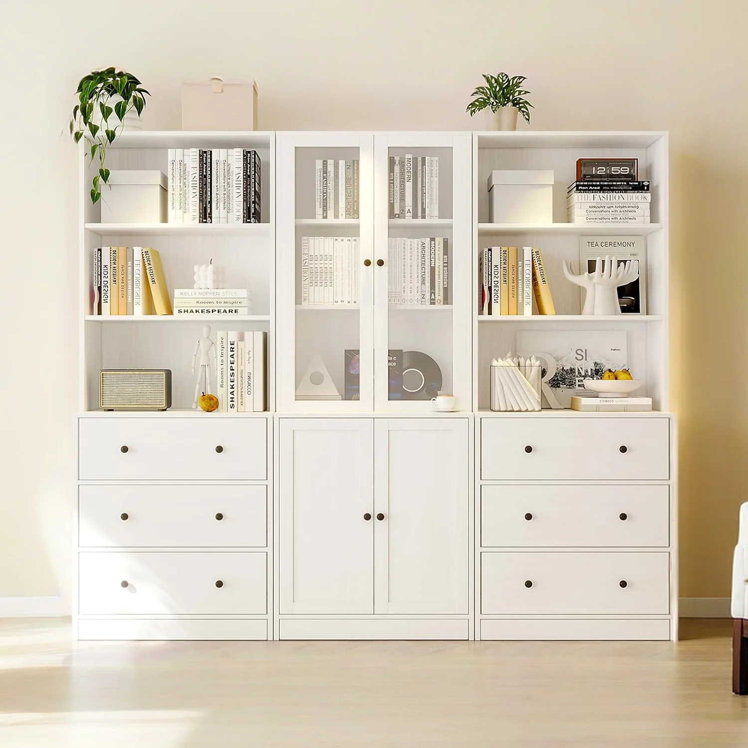 Practical Combination Bookcase 3-Piece Set 2pcs 71-inch Bookcase with Drawers Shelves 5-layer Storage Cabinet with Glass DoorsCombination Bookcase 3-Piece Set 2pcs 71-inch Bookcase with Drawers Shelves 5-layer Storage Cabinet with Glass Doors Minimalist