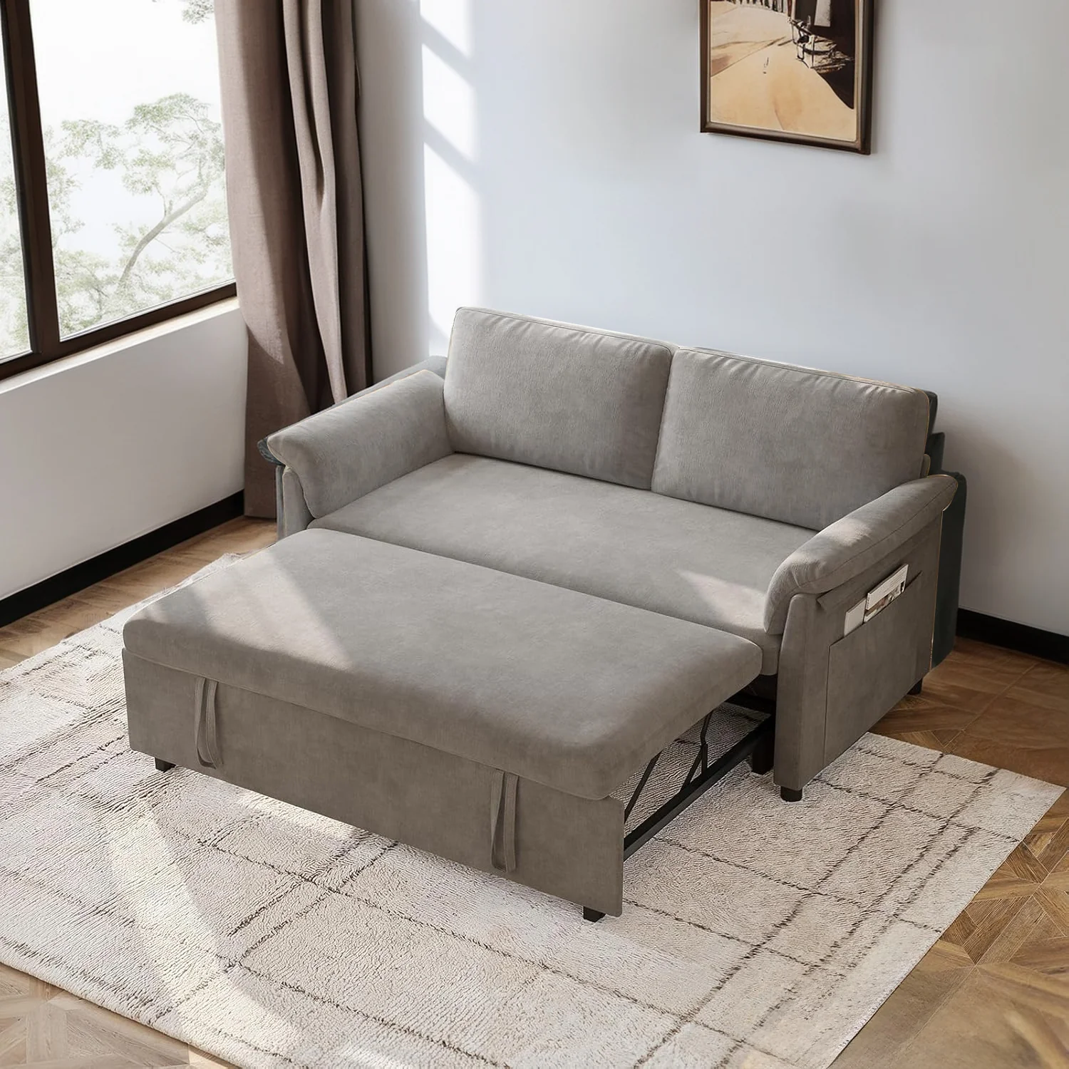 Natural 60 Inch Chenille Convertible Sofa Bed 3 in 1 Sofa Bed with Pullout Bed with Adjustable Backrest and Side Pockets60 Inch Chenille Convertible Sofa Bed 3 in 1 Sofa Bed with Pullout Bed with Adjustable Backrest and Side Pockets Recyclable
