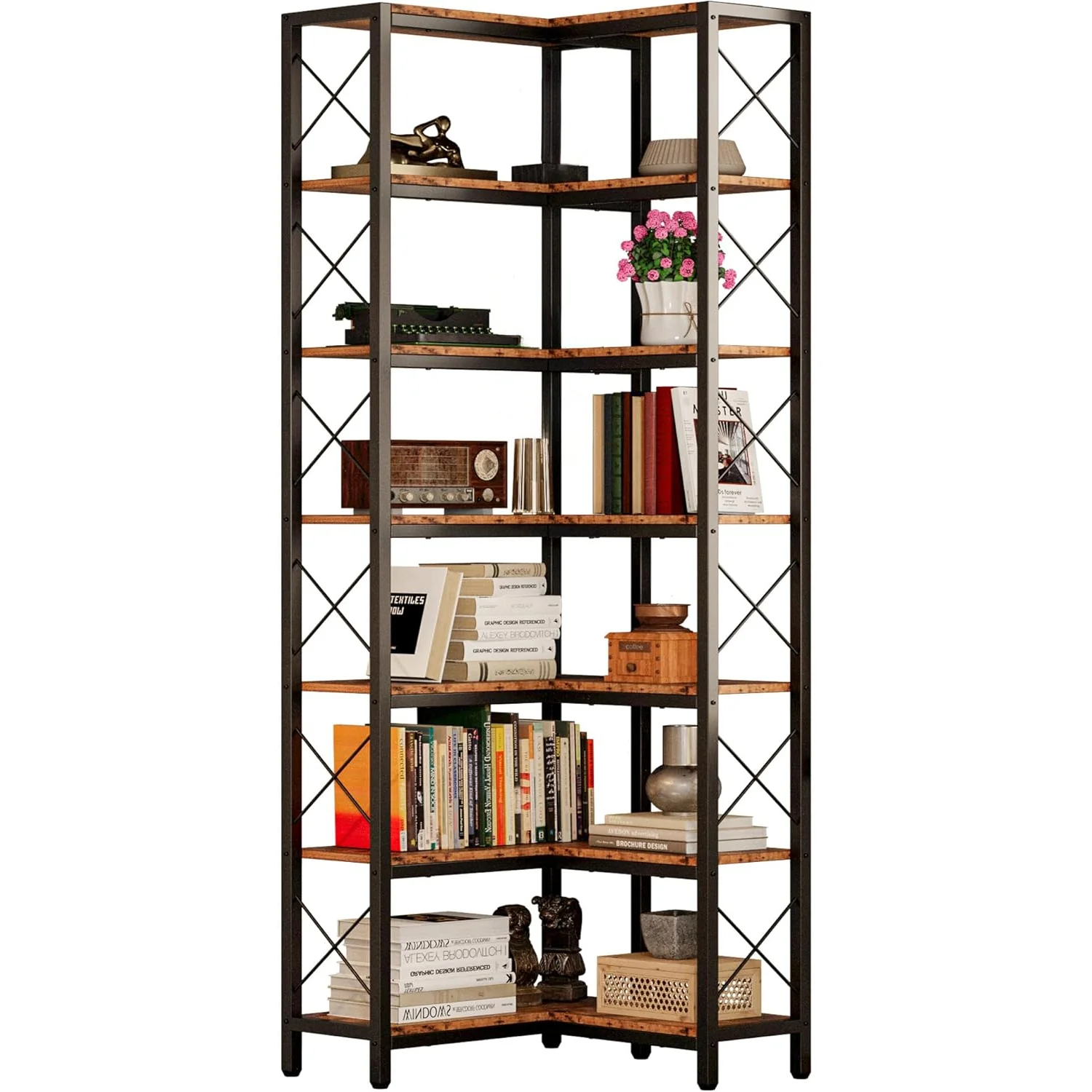 Functional 7-Tier Industrial Corner Bookshelf Corner Shelf Tall Storage Display Rack with Metal Frame for Living Room Home Office7-Tier Industrial Corner Bookshelf Corner Shelf Tall Storage Display Rack with Metal Frame for Living Room Home Office Versatile