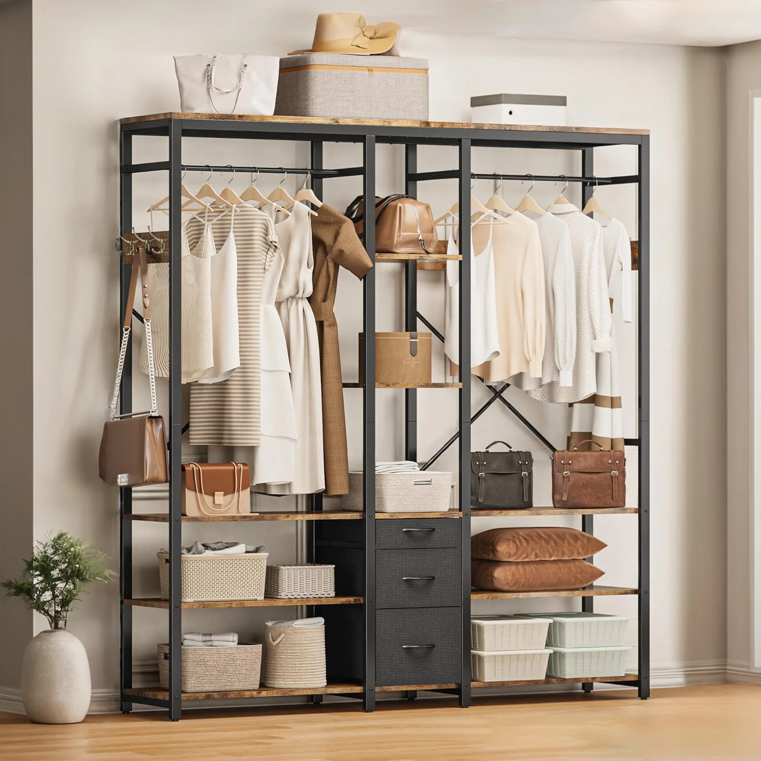 Optimized Industrial Garment Rack Clothes Rack Closet and Storage Shelves Clothes Organizers with 3 DrawersIndustrial Garment Rack Clothes Rack Closet and Storage Shelves Clothes Organizers with 3 Drawers Practical