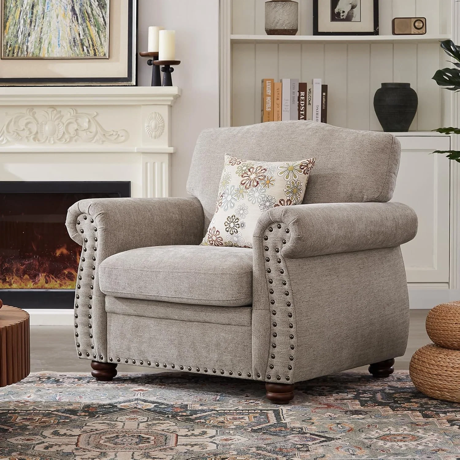Environmentally Friendly Chenille Nailhead Trim Armchair Rolled Arm Accent Chair with Springs Cushions and Wood LegsChenille Nailhead Trim Armchair Rolled Arm Accent Chair with Springs Cushions and Wood Legs Stylish