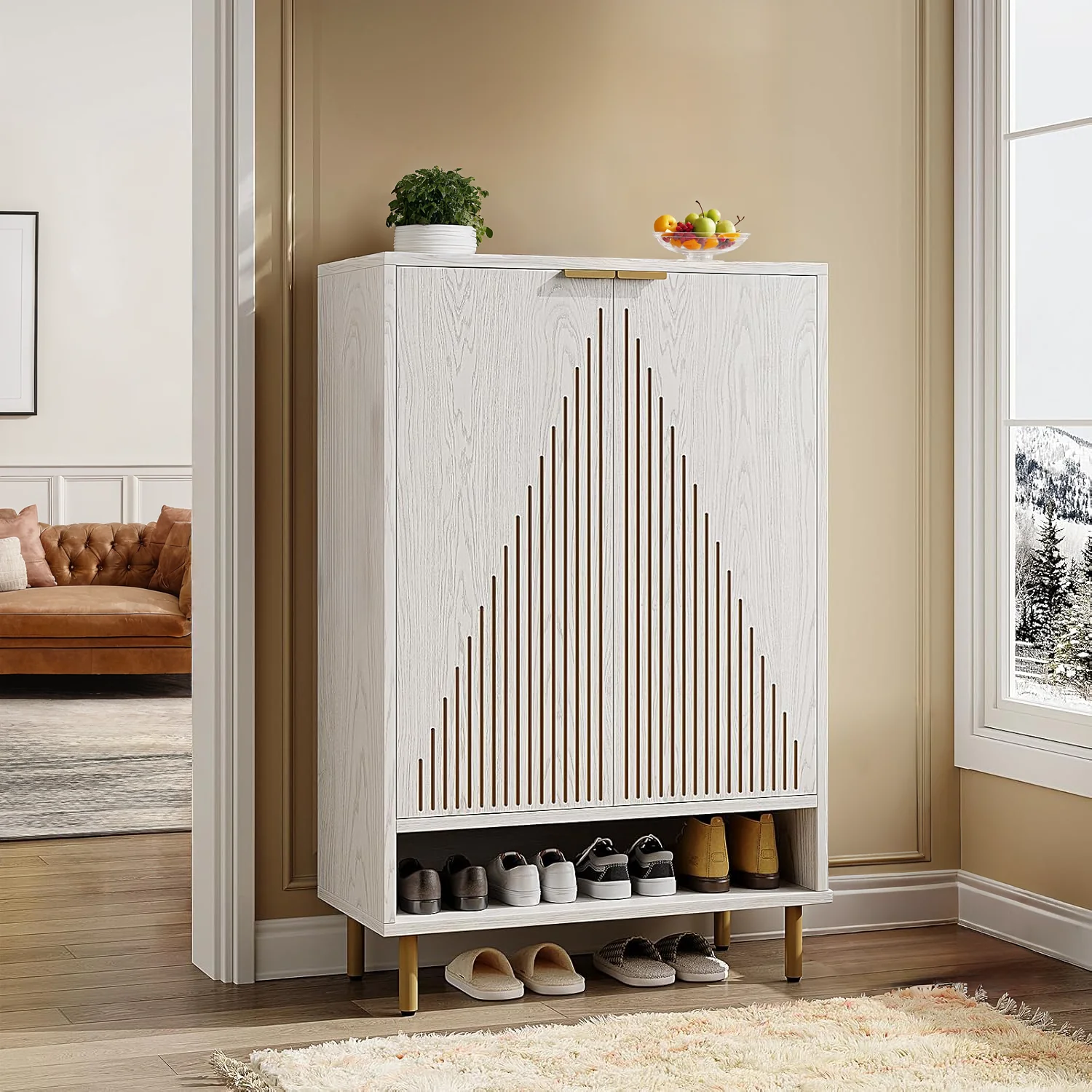 Stylish 6-Tier Wooden Shoe Storage Cabinet with Linear Decorative Doors and Adjustable Shelves Shoe Rack for Entryway6-Tier Wooden Shoe Storage Cabinet with Linear Decorative Doors and Adjustable Shelves Shoe Rack for Entryway Professional