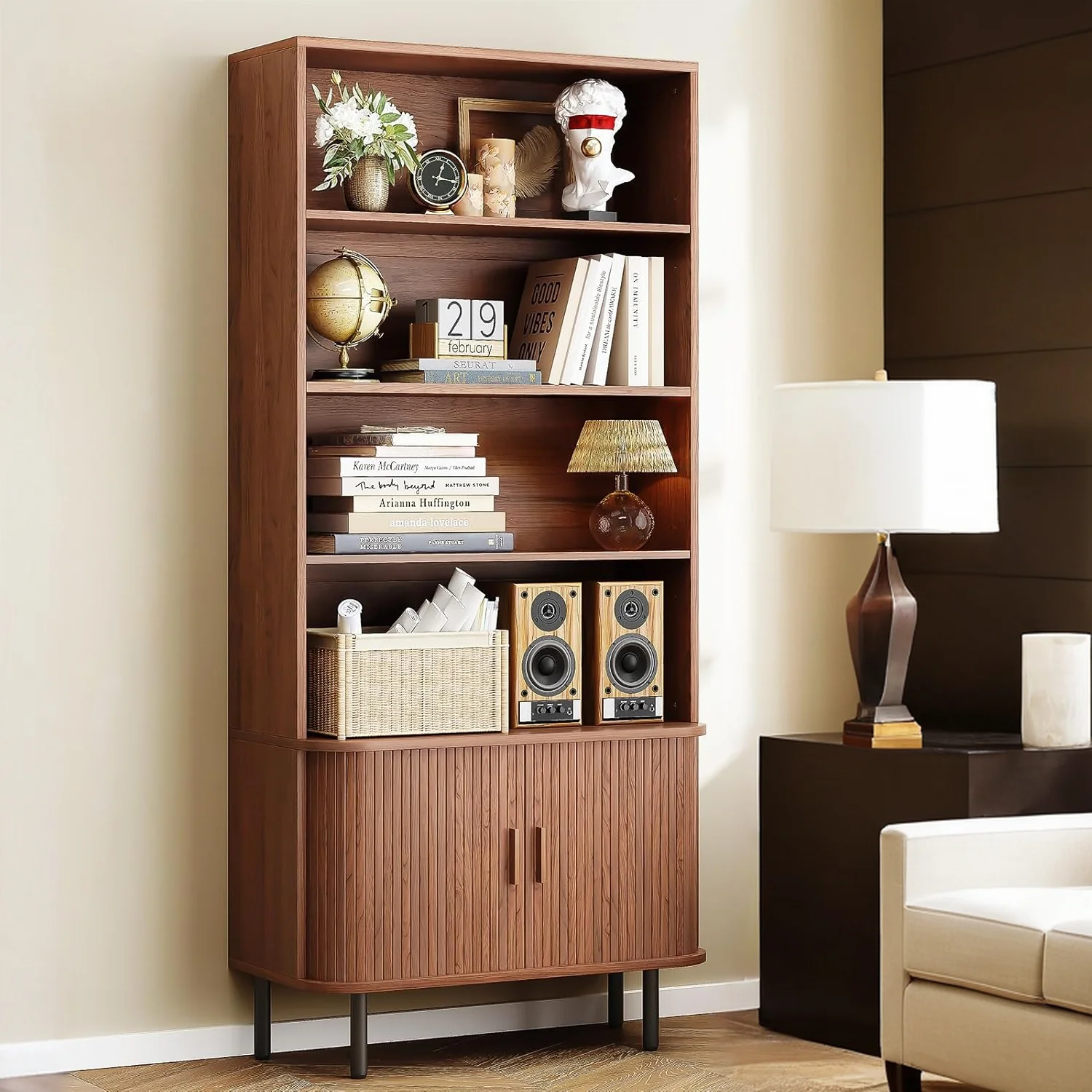 Secure 71 Inch 4-Tier Tall Bookshelve and Bookcase with Storage Cabinet Floor Standing Wooden Bookshelf with Sliding Door and Adjustable Footpad71 Inch 4-Tier Tall Bookshelve and Bookcase with Storage Cabinet Floor Standing Wooden Bookshelf with Sliding Door and Adjustable Footpad Specialty