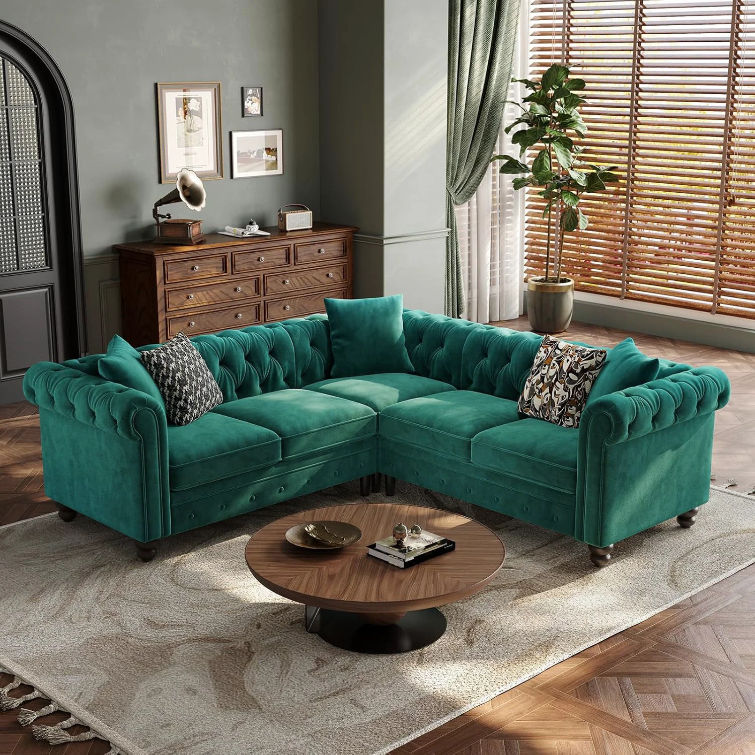 High-Performance Chesterfield L-Shaped Sectional Sofa Velvet 5 Seater Counch with 3 Throw Pillows Tufted Corner Couch with Rolled ArmrestChesterfield L-Shaped Sectional Sofa Velvet 5 Seater Counch with 3 Throw Pillows Tufted Corner Couch with Rolled Armrest High-Quality