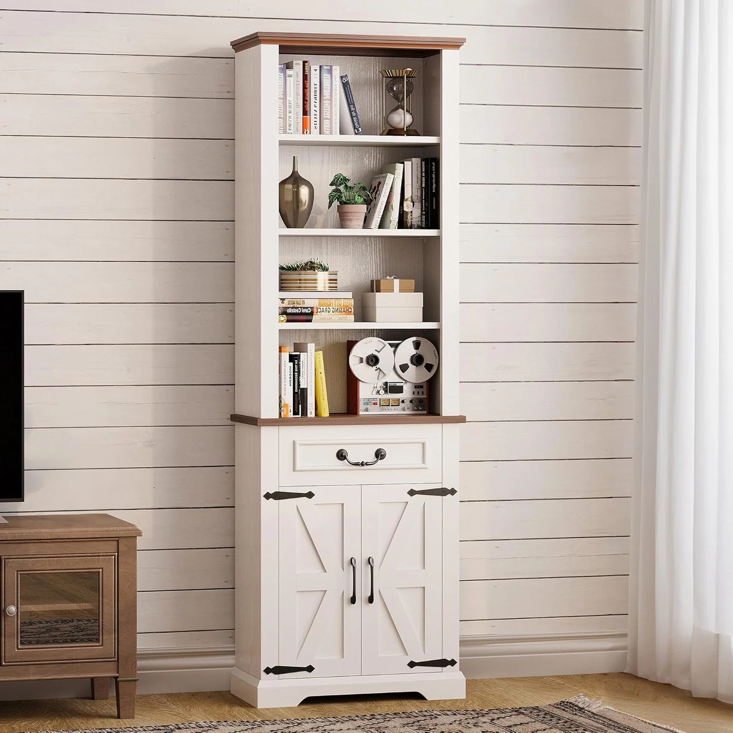 Minimalist 72 Bookshelf Sideboard with Storage Cabinet Tall Farmhouse Bookcase 4 Tier Open Shelf Bookcase with Adjustable Shelves Drawer LED Lights72 Bookshelf Sideboard with Storage Cabinet Tall Farmhouse Bookcase 4 Tier Open Shelf Bookcase with Adjustable Shelves Drawer LED Lights Easy-to-Use