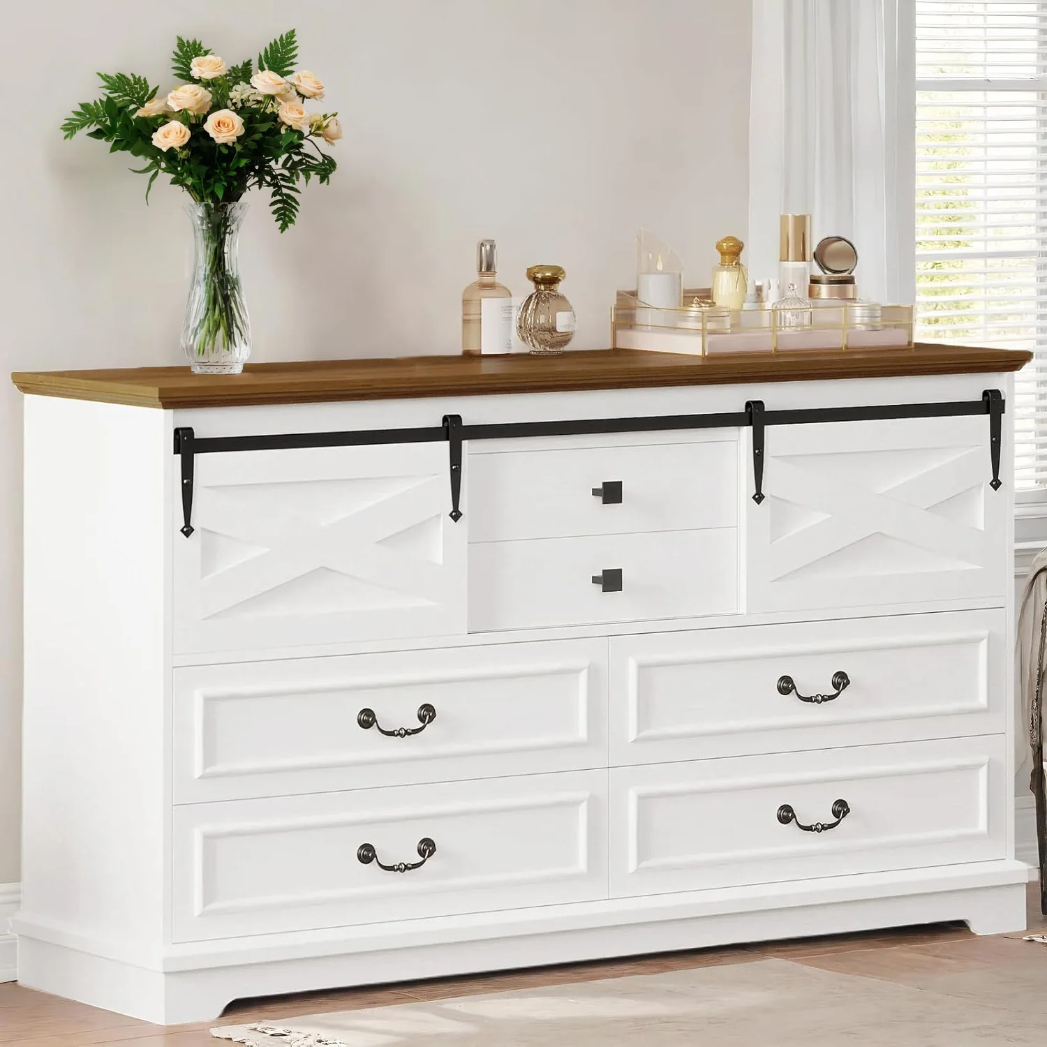 Recyclable Farmhouse 6 Drawers Dresser 55.1 Large Drawers Wooden Chest of Drawers with Sliding Barn DoorFarmhouse 6 Drawers Dresser 55.1 Large Drawers Wooden Chest of Drawers with Sliding Barn Door Sophisticated