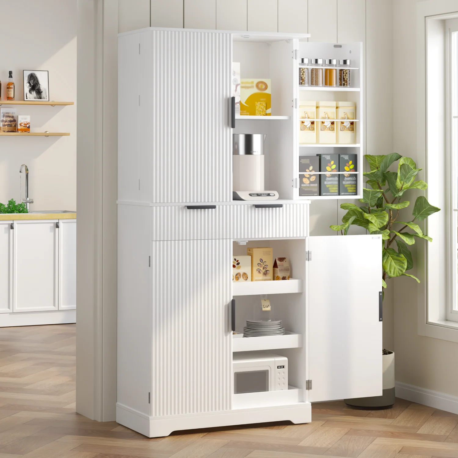 High-Grade Pantry Cabinet Kitchen Storage Cabinet 72'' Fluted Cupboard with 2 DoorsPantry Cabinet Kitchen Storage Cabinet 72'' Fluted Cupboard with 2 Doors Authentic