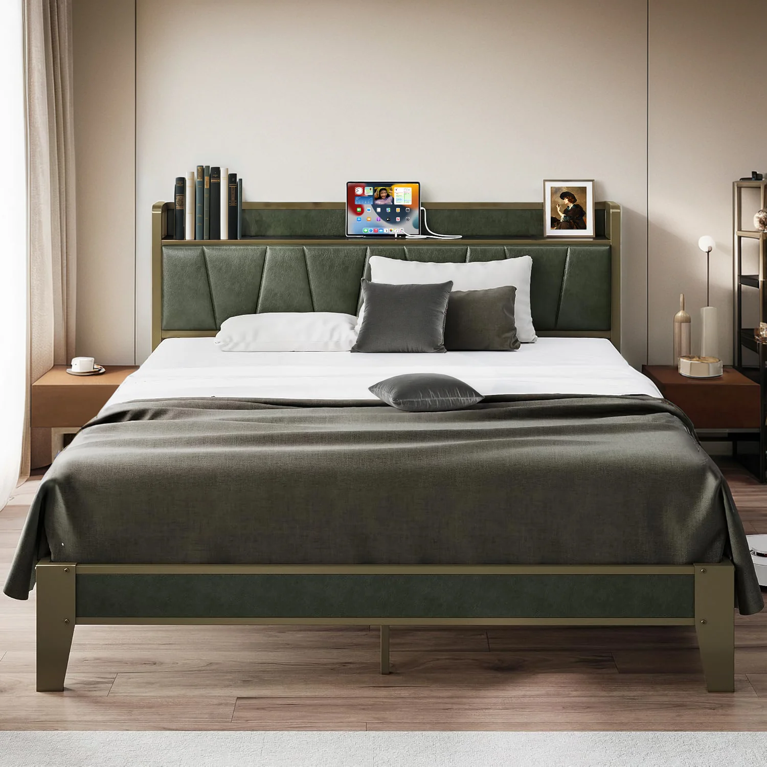 Eco-Friendly Upholstered Bed Frame Bed Frame Storage Headboard with Charging Station No Box Spring NeededUpholstered Bed Frame Bed Frame Storage Headboard with Charging Station No Box Spring Needed Healthy