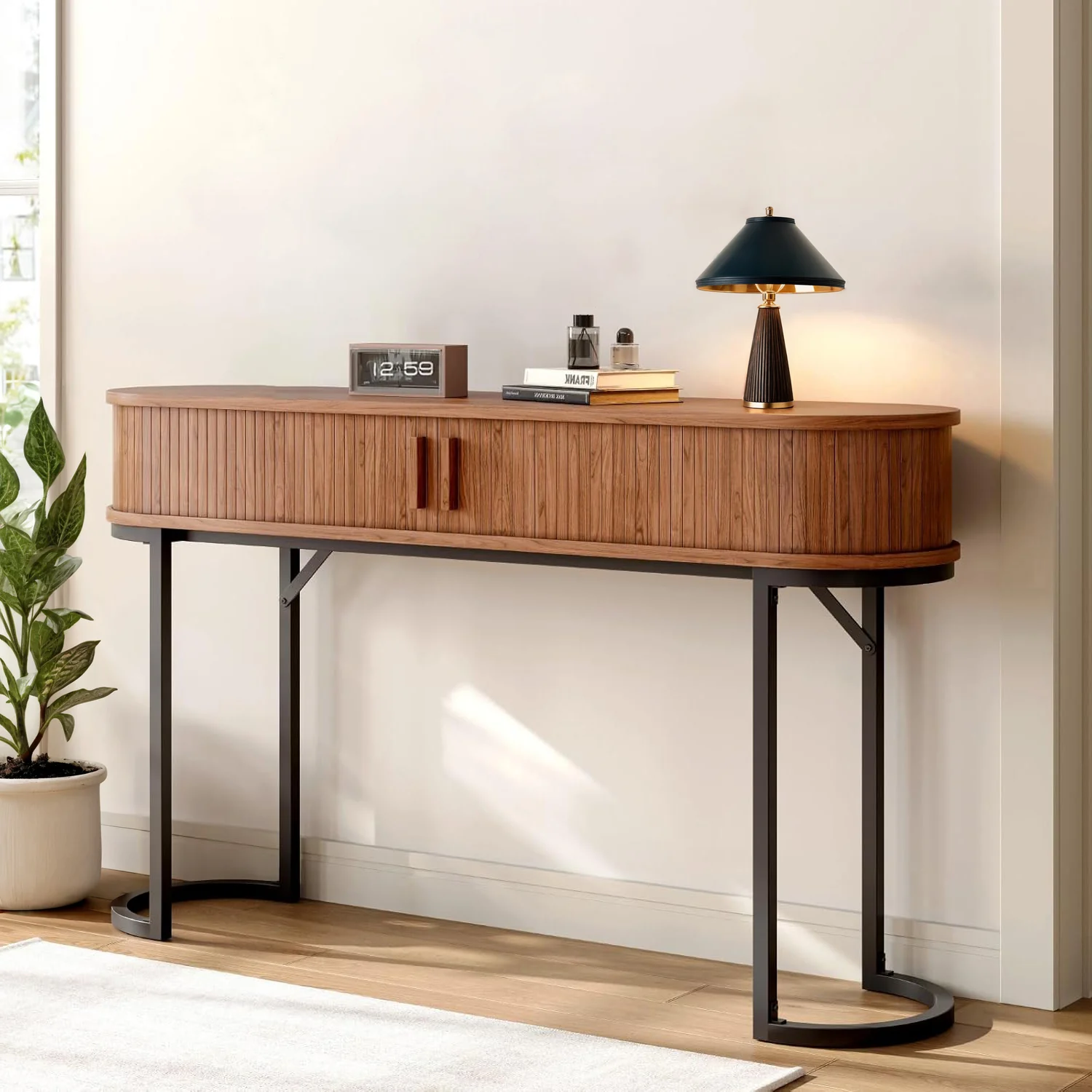 Secure Entryway Table Narrow Console Table 55 Inch Fluted Sofa Table with Storage Sliding Tambour Doors and Metal LegsEntryway Table Narrow Console Table 55 Inch Fluted Sofa Table with Storage Sliding Tambour Doors and Metal Legs Sustainable