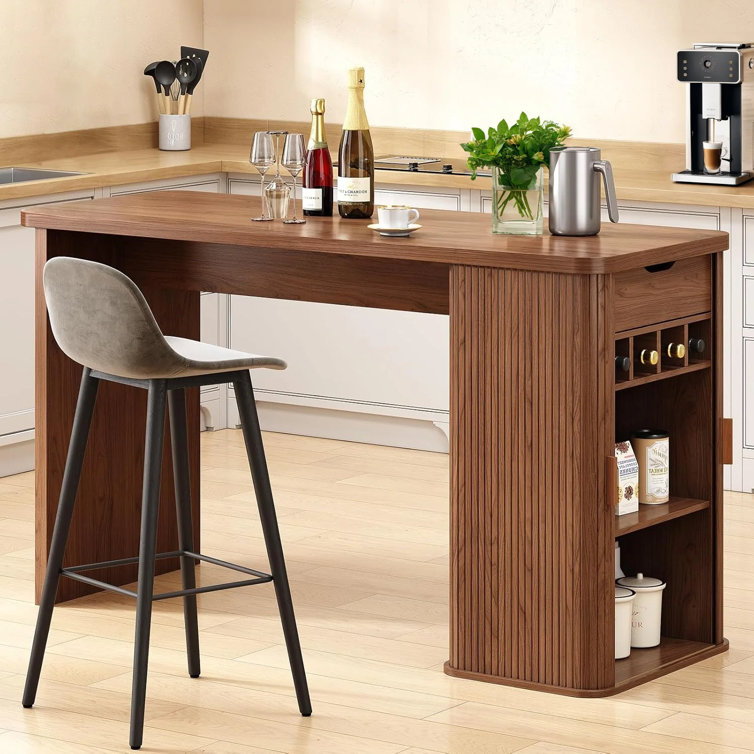 Crafted Kitchen Island Counter Height Table 59 Inch Long Bar Table with Sliding Door Wine Rack and Storage ShelfKitchen Island Counter Height Table 59 Inch Long Bar Table with Sliding Door Wine Rack and Storage Shelf First-Class