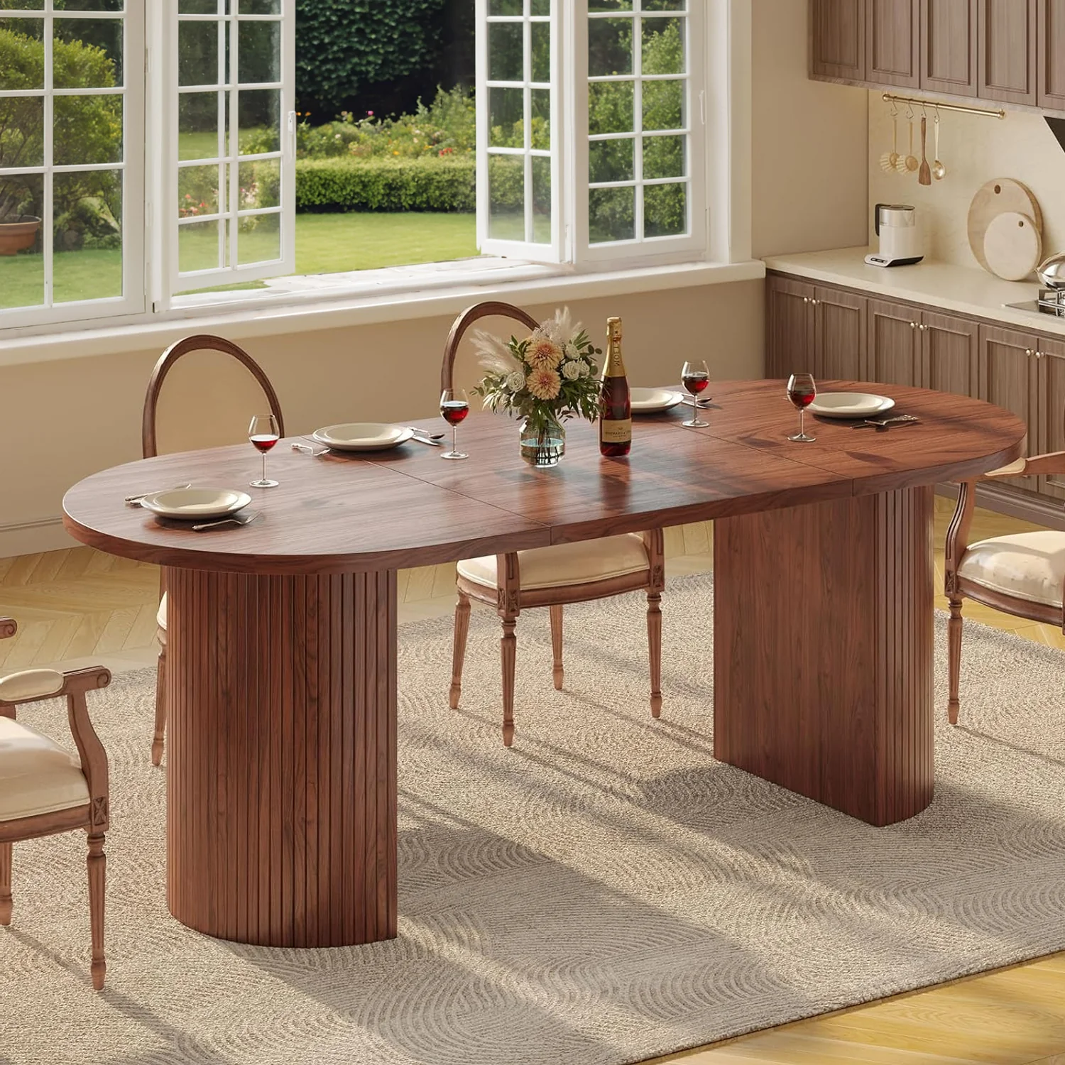 Minimalist Dining Table for 4-8 People 70.8 Inch Oval Kitchen Table with Wood Strip Base and FootpadsDining Table for 4-8 People 70.8 Inch Oval Kitchen Table with Wood Strip Base and Footpads Comfortable