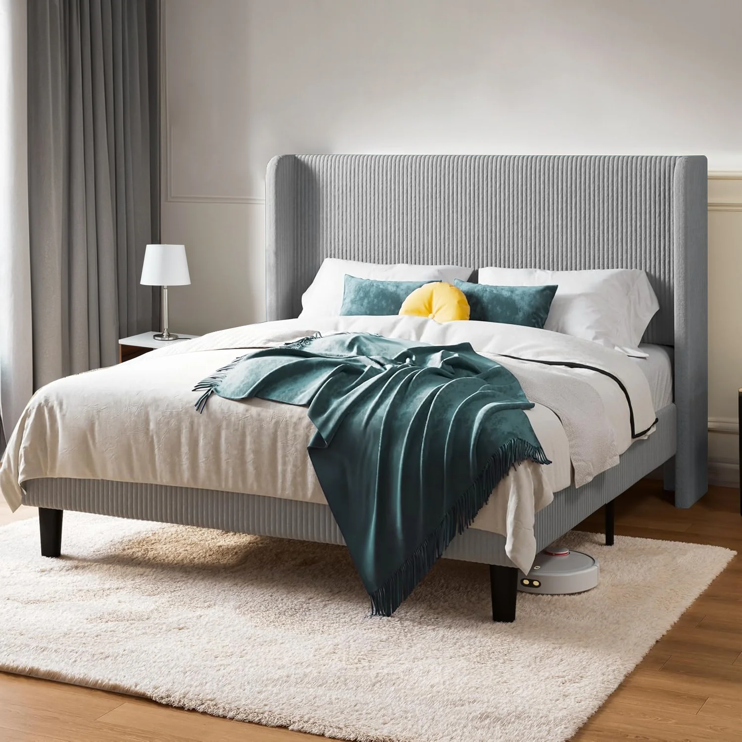 Unique Upholstered Bed Frame in Corduroy Velvet with Wingback Headboard No Box Spring NeededUpholstered Bed Frame in Corduroy Velvet with Wingback Headboard No Box Spring Needed Sustainable
