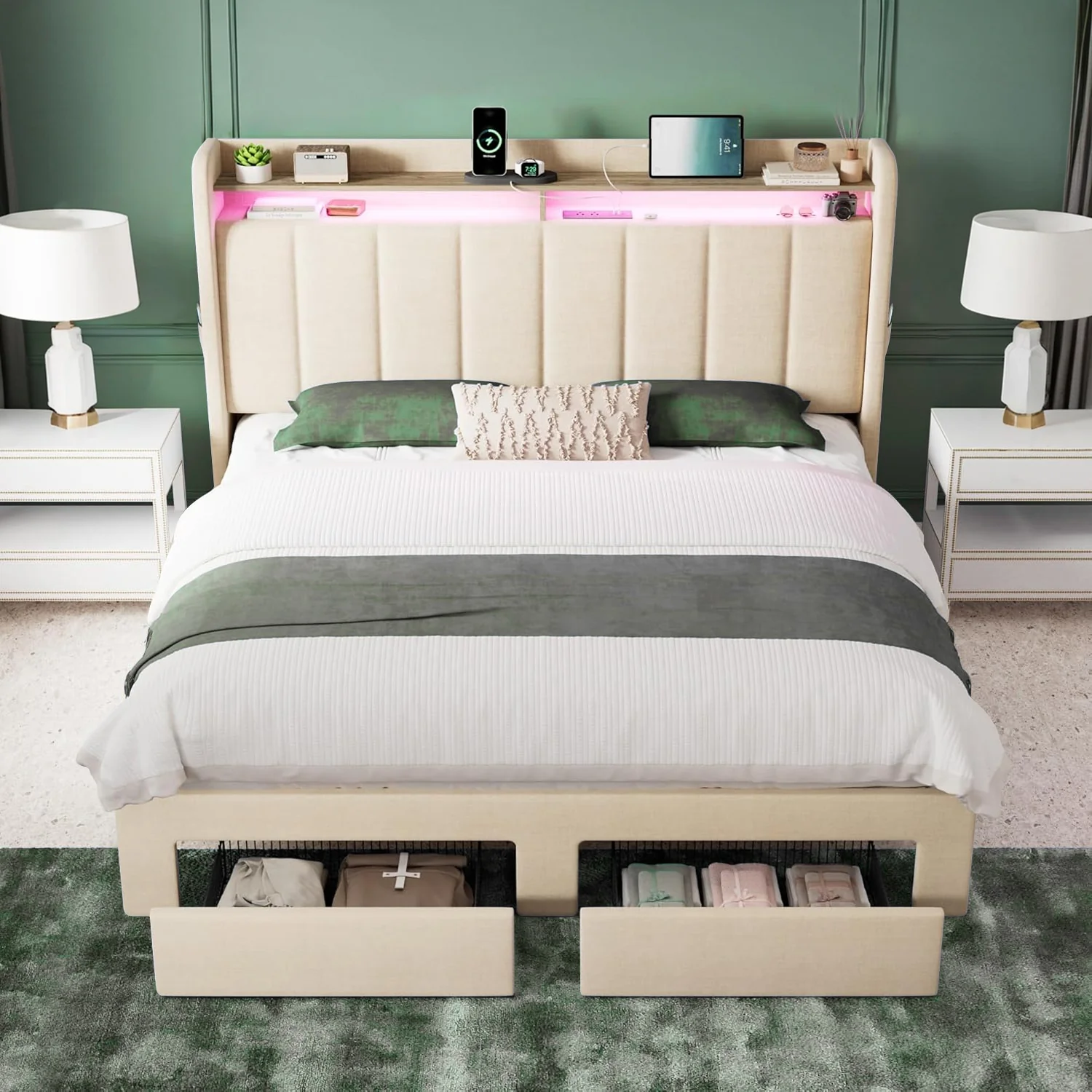 Organic Vertical Tufted Linen Upholstered Platform Bed Frame with Double-Layer LED Headboard 2 Drawers Wingback No Box Spring NeededVertical Tufted Linen Upholstered Platform Bed Frame with Double-Layer LED Headboard 2 Drawers Wingback No Box Spring Needed Breathable