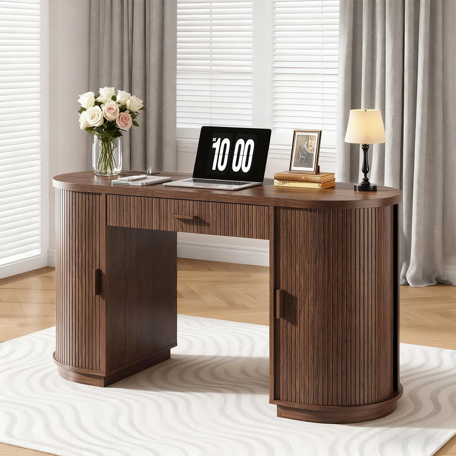 Fashionable Home Office Desk with Drawers 58 Inch Wood Executive Desk with Charging Station and Storage CabinetsHome Office Desk with Drawers 58 Inch Wood Executive Desk with Charging Station and Storage Cabinets Consistent