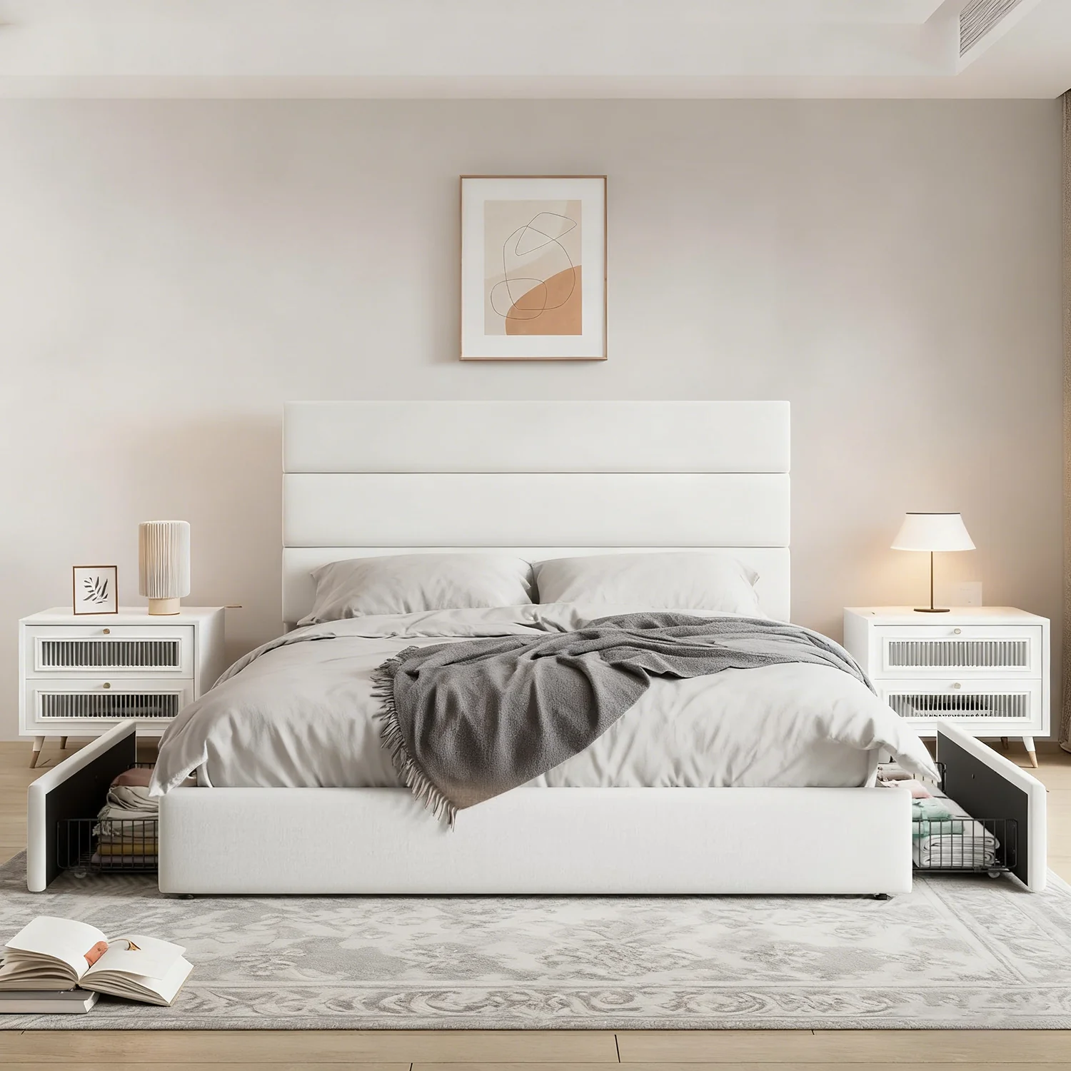 High-Performance Velvet Upholstered Storage Bed with Padded Headboard 4 Drawers Sturdy Platform FrameVelvet Upholstered Storage Bed with Padded Headboard 4 Drawers Sturdy Platform Frame Next-Generation