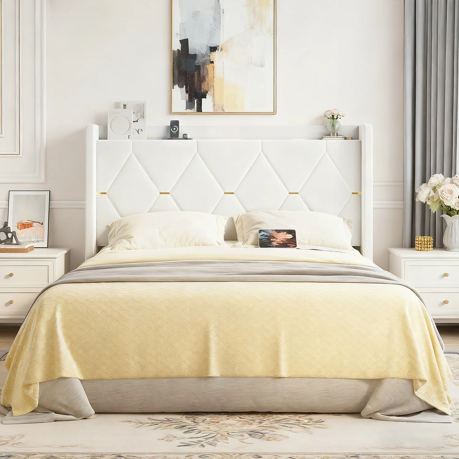 Stylish Tufted Velvet Upholstered Bed Frame with Charging Ports Storage HeadboardTufted Velvet Upholstered Bed Frame with Charging Ports Storage Headboard High-Grade
