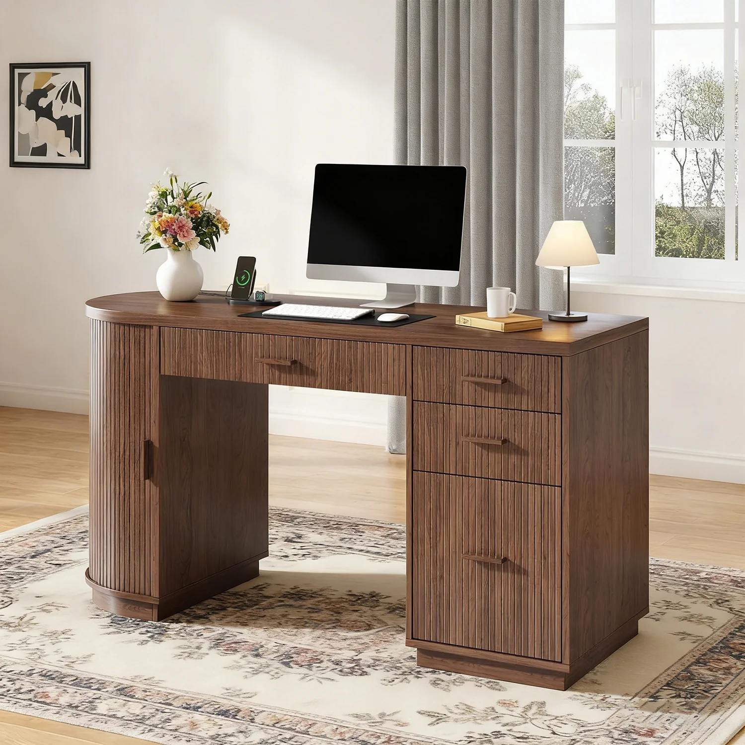 Relaxed 57 Inch Executive Desk Fluted Home Office Desk with Drawers and File Cabinet Computer Desk for Work and Study57 Inch Executive Desk Fluted Home Office Desk with Drawers and File Cabinet Computer Desk for Work and Study High-Quality