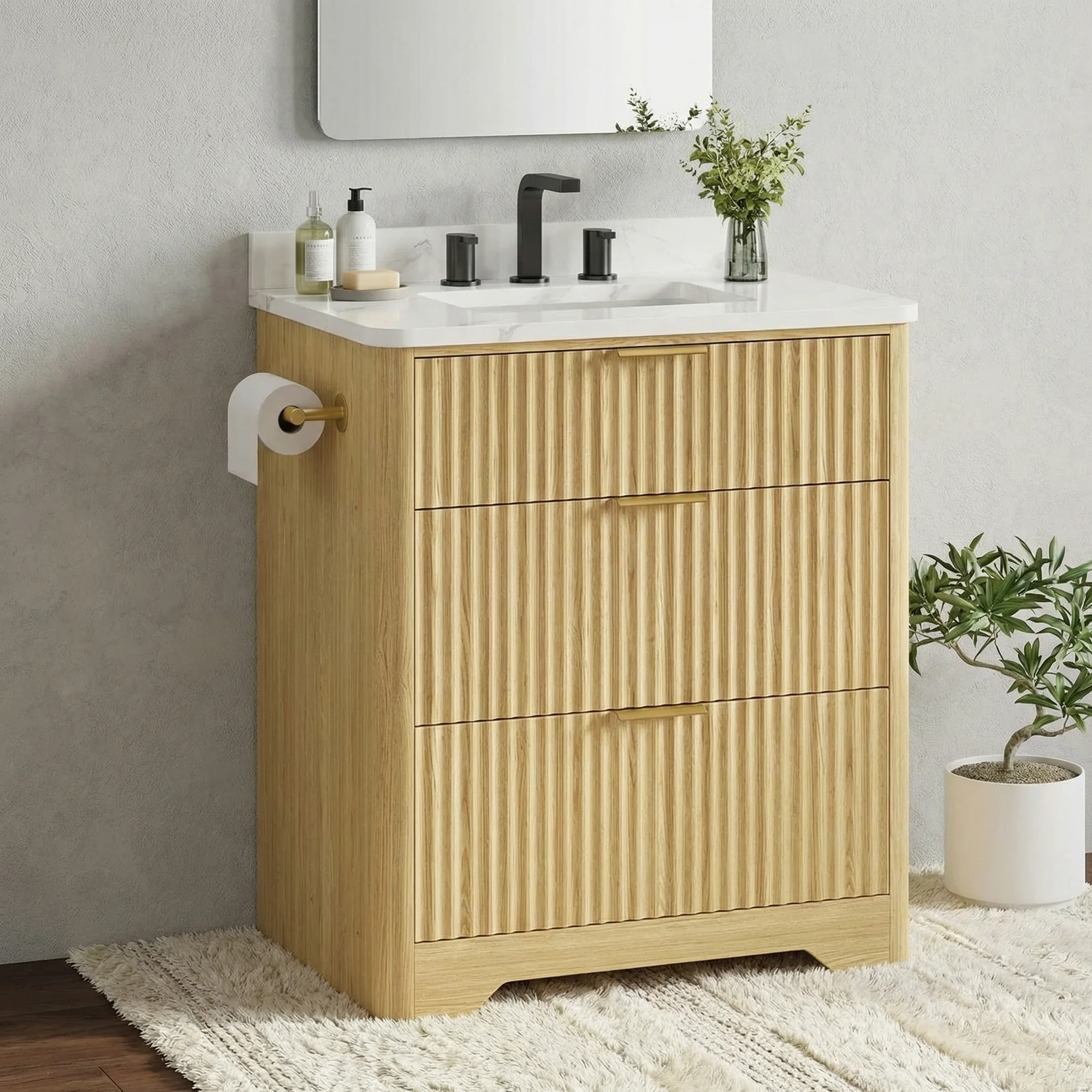 Classic 30 Bathroom Vanity with Ceramic Sink standing Farmhouse Wood Grain Cabinet with 3 Drawers30 Bathroom Vanity with Ceramic Sink standing Farmhouse Wood Grain Cabinet with 3 Drawers Elegant