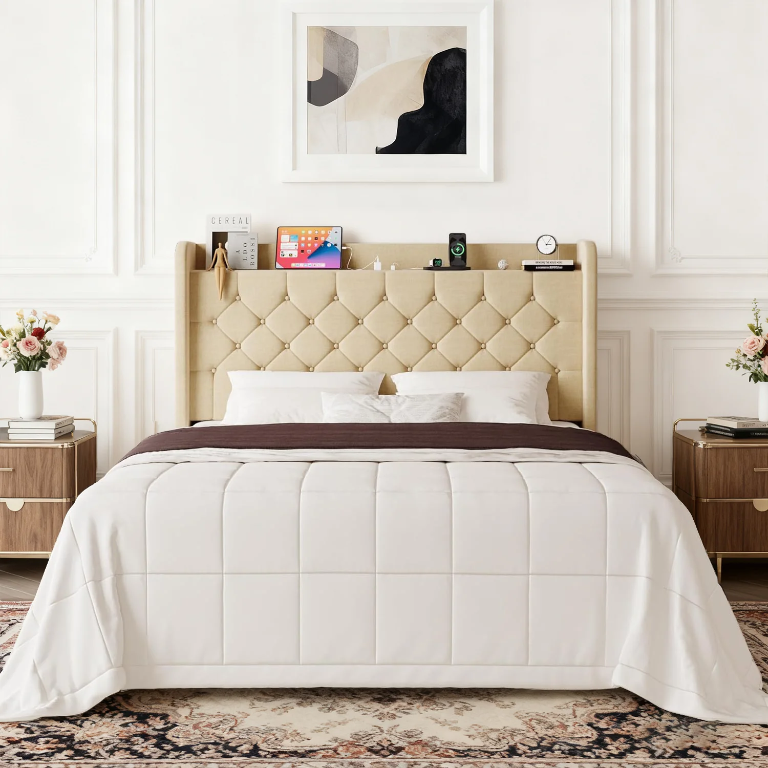 High-End Wingback Linen Upholstered Bed Frame with Storage Headboard Charging Station Button Tufted Design No Box Spring NeededWingback Linen Upholstered Bed Frame with Storage Headboard Charging Station Button Tufted Design No Box Spring Needed Smooth