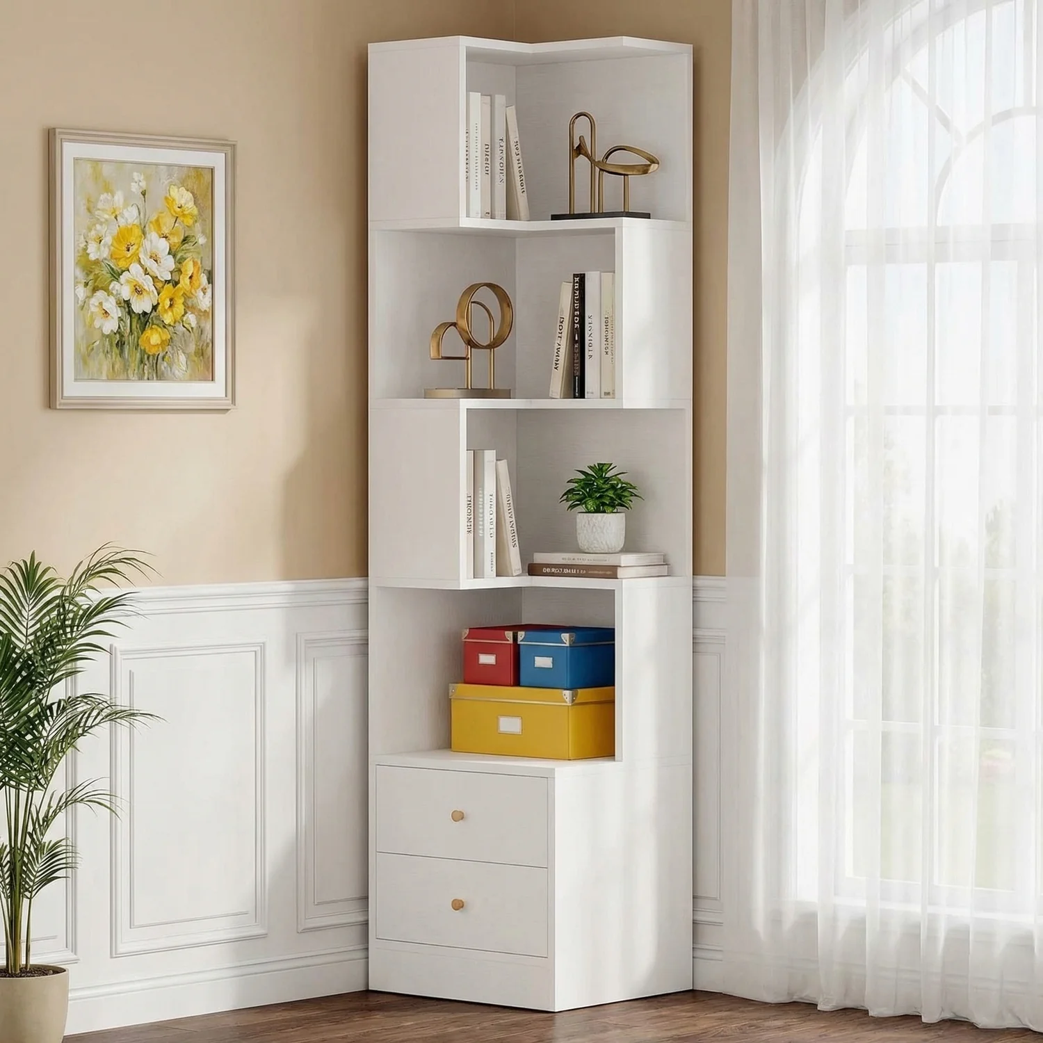Quality 70.87 Tall Corner Bookshelf Corner Bookcase with Drawers and Storage for Living Room or Home Office70.87 Tall Corner Bookshelf Corner Bookcase with Drawers and Storage for Living Room or Home Office Original Design