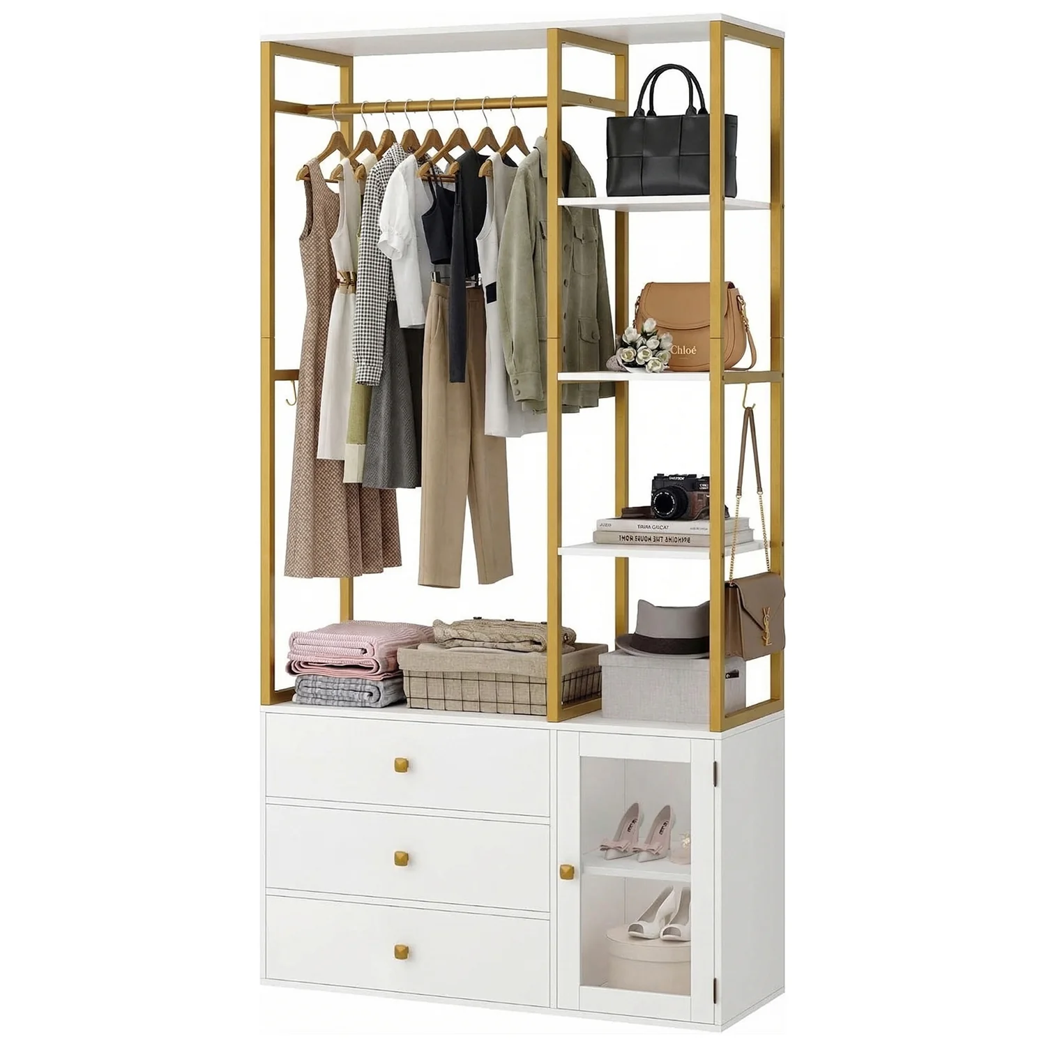 Premium 81.3 Closet System Organizer with Drawers Wardrobe Closet with Hanging Rods and Shelves81.3 Closet System Organizer with Drawers Wardrobe Closet with Hanging Rods and Shelves Lightweight