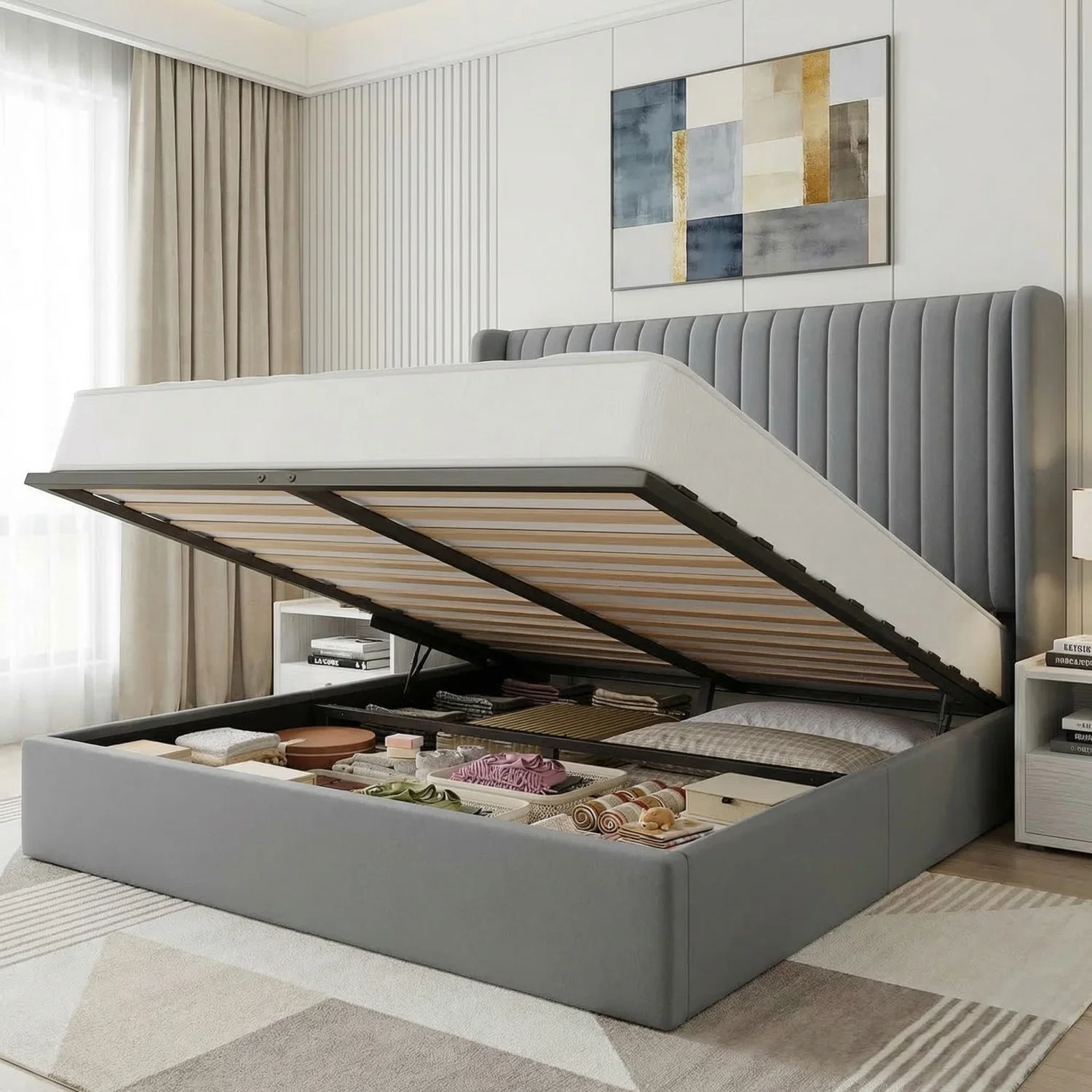 High-Grade Lift-Up Storage Bed Frame with Wingback Channel Tufted Headboard Upholstered Platform Bed No Box Spring NeededLift-Up Storage Bed Frame with Wingback Channel Tufted Headboard Upholstered Platform Bed No Box Spring Needed Comfortable