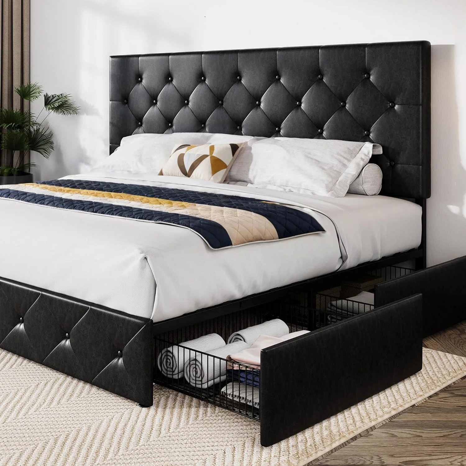 Dependable Faux Leather Upholstered Bed Frame with 4 Drawers Storage and Button HeadboardFaux Leather Upholstered Bed Frame with 4 Drawers Storage and Button Headboard Selected