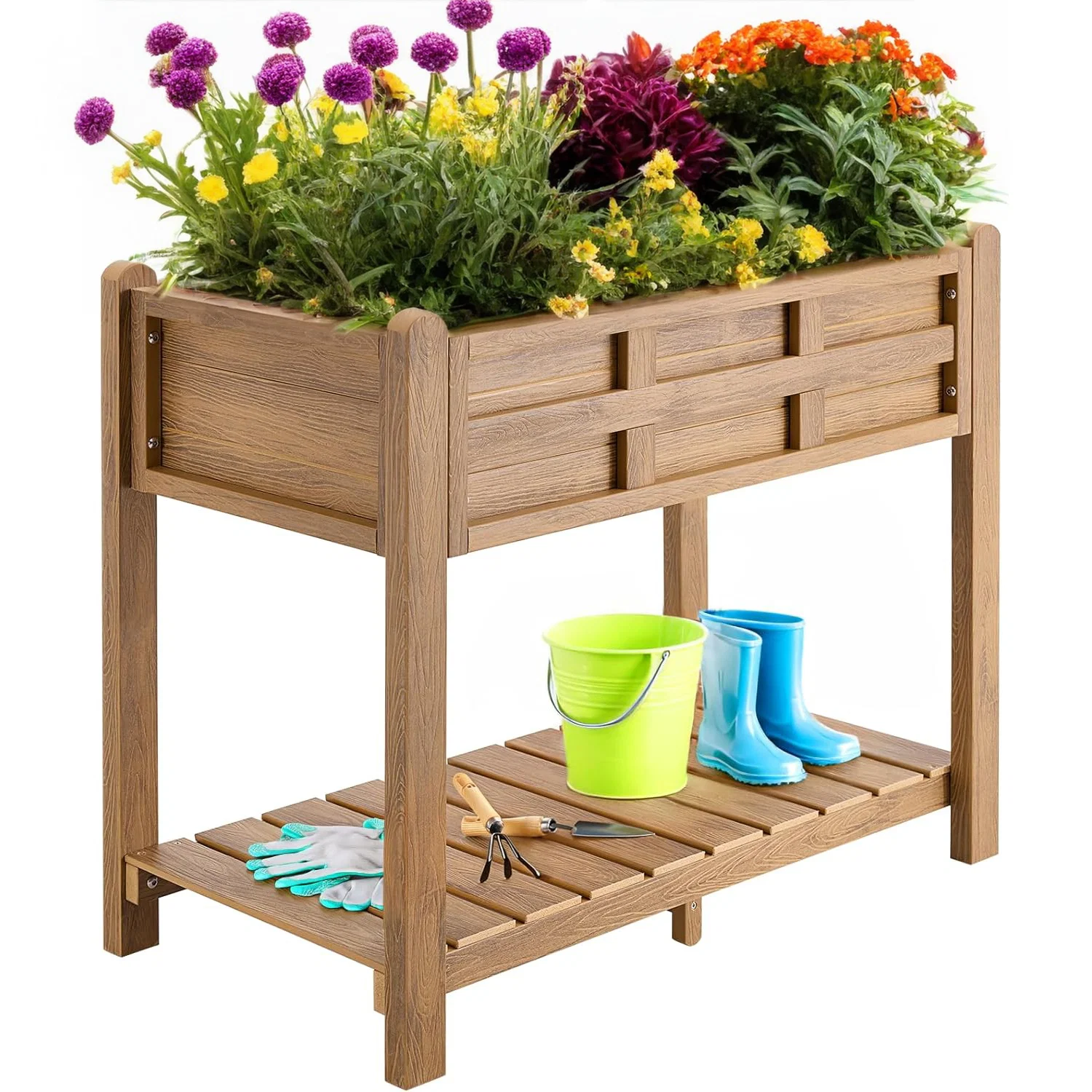 Solid Raised Garden Bed HDPS Outdoor Raised Planter Box with Legs Storage Rack Drainage HolesRaised Garden Bed HDPS Outdoor Raised Planter Box with Legs Storage Rack Drainage Holes Natural