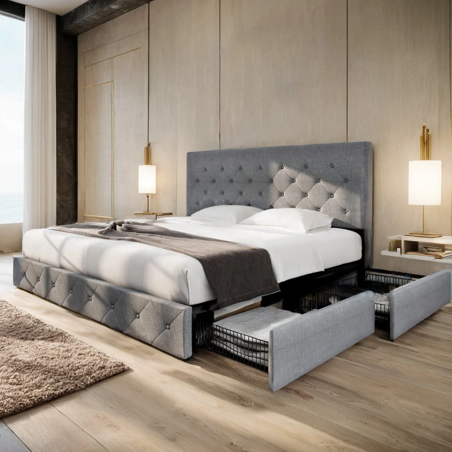 Natural Upholstered Bed Frame with 4 Drawers Storage and Headboard with Wood Slat Support No Box Spring NeededUpholstered Bed Frame with 4 Drawers Storage and Headboard with Wood Slat Support No Box Spring Needed Next-Generation