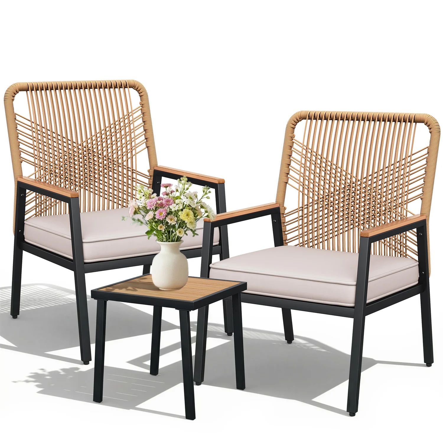 Soft 3 Pieces Patio Furniture Set Outdoor Rattan Bistro Set with Coffee Table Cushions for Garden Balcony Porch3 Pieces Patio Furniture Set Outdoor Rattan Bistro Set with Coffee Table Cushions for Garden Balcony Porch High-End