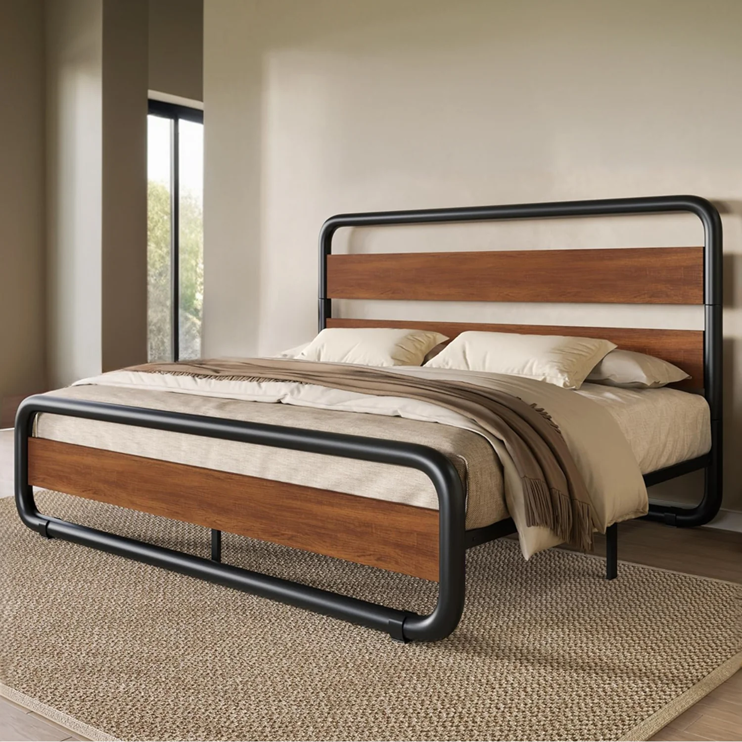 Sophisticated Metal Bed Frame with Wooden Headboard and Footboard Heavy Duty Oval Platform Bed Frame with 10 Inches of Underbed Storage No Springs RequiredMetal Bed Frame with Wooden Headboard and Footboard Heavy Duty Oval Platform Bed Frame with 10 Inches of Underbed Storage No Springs Required Verified