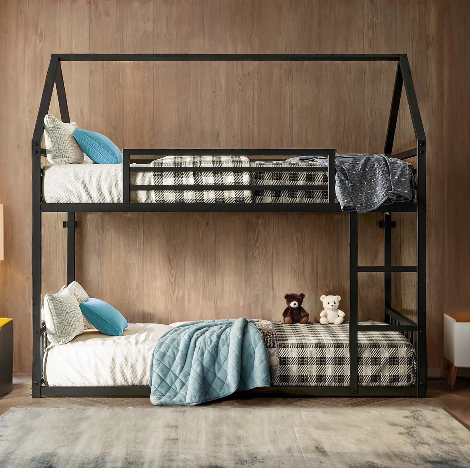Durable Bunk Bed House Bunk Bed Frame with Ladder and Guardrail House Shaped Loft Bed with Metal SlatsBunk Bed House Bunk Bed Frame with Ladder and Guardrail House Shaped Loft Bed with Metal Slats Green