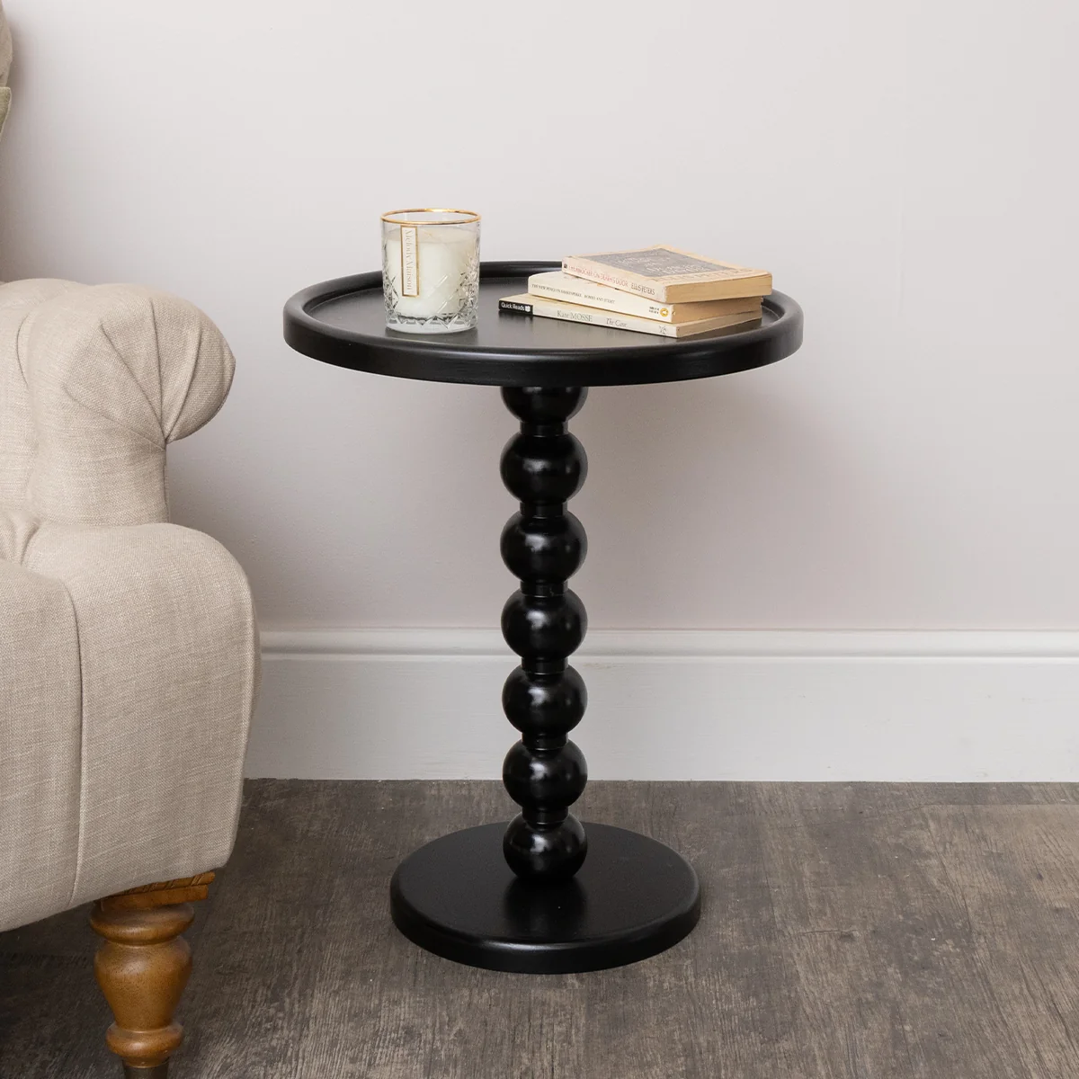 Superior Black Painted Round Wooden Bobble Side Table - 45cm x 56.5cm Quality