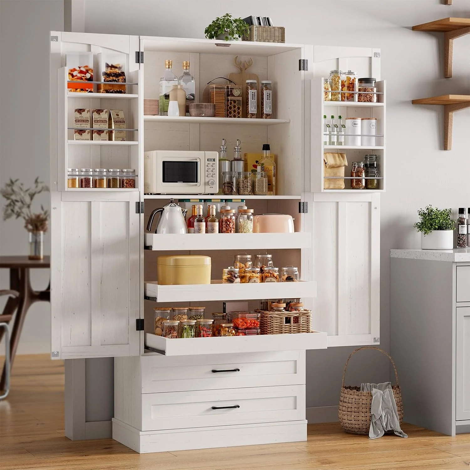 Green 71 Inch Farmhouse Kitchen Pantry Storage Cabinet with 3 Pull-Out Shelves 2 Large Drawers adjustable Shelf71 Inch Farmhouse Kitchen Pantry Storage Cabinet with 3 Pull-Out Shelves 2 Large Drawers adjustable Shelf World-Class