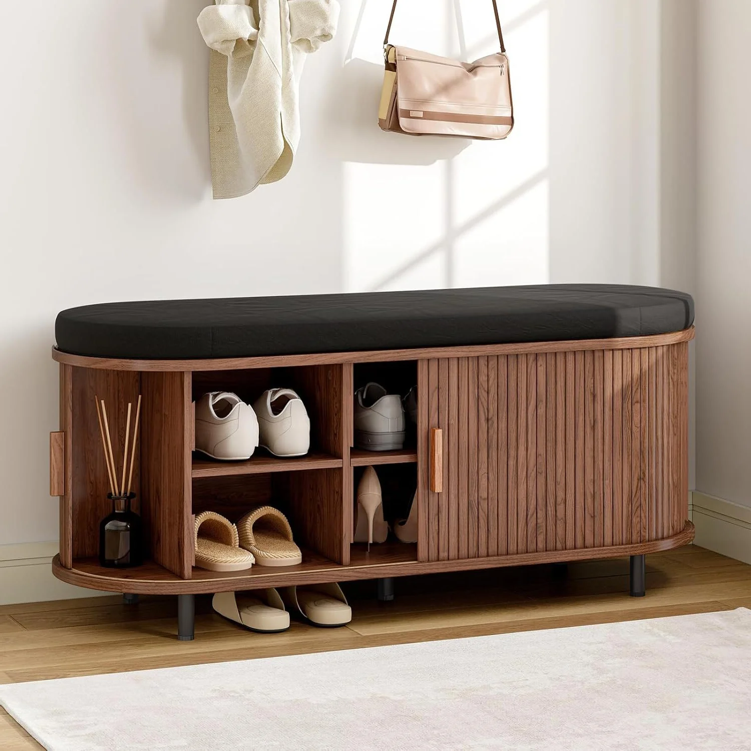 Original Design Shoe Storage Bench 43 inch Entryway Shoe Bench with Storage Cushion Sliding Door and Adjustable ShelfShoe Storage Bench 43 inch Entryway Shoe Bench with Storage Cushion Sliding Door and Adjustable Shelf Environmentally Friendly