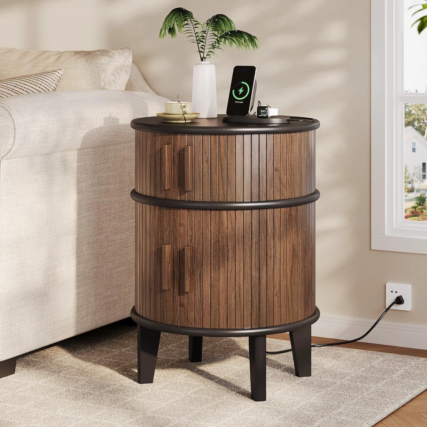 Detailed Round End Table Side Table with Storage Nightstand Bedside Table with Charging StationRound End Table Side Table with Storage Nightstand Bedside Table with Charging Station Casual