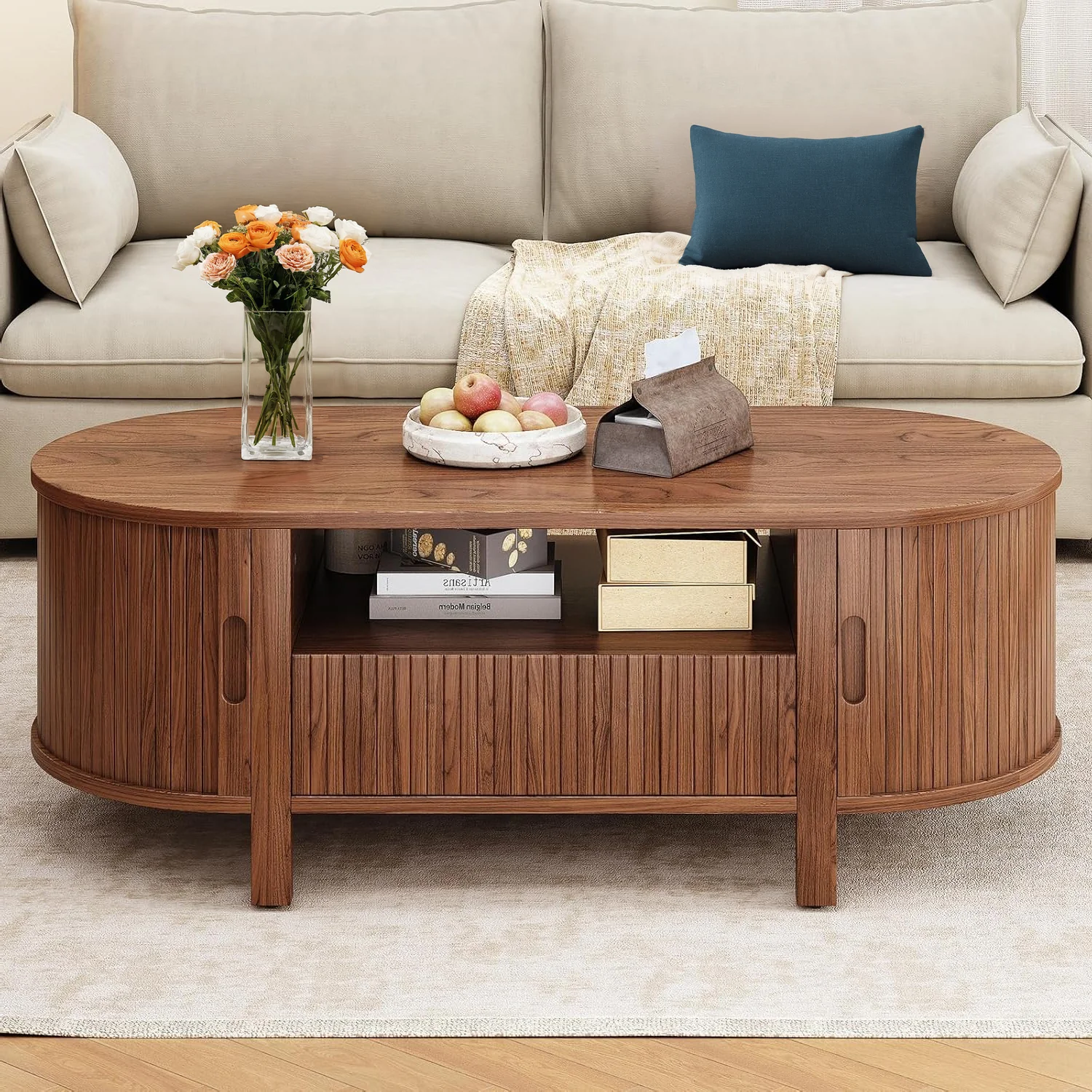 Fashionable Oval Coffee Table Living Room Table 47 Inch Center Table with Storage Sliding Door and Curved EdgeOval Coffee Table Living Room Table 47 Inch Center Table with Storage Sliding Door and Curved Edge Authentic