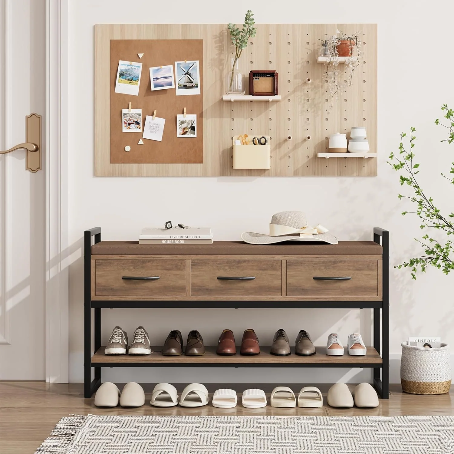 Traditional 39.4 Shoe Bench with Cushion Shoe Storage Industrial Rack Organizer with Fabric Drawers39.4 Shoe Bench with Cushion Shoe Storage Industrial Rack Organizer with Fabric Drawers Trusted
