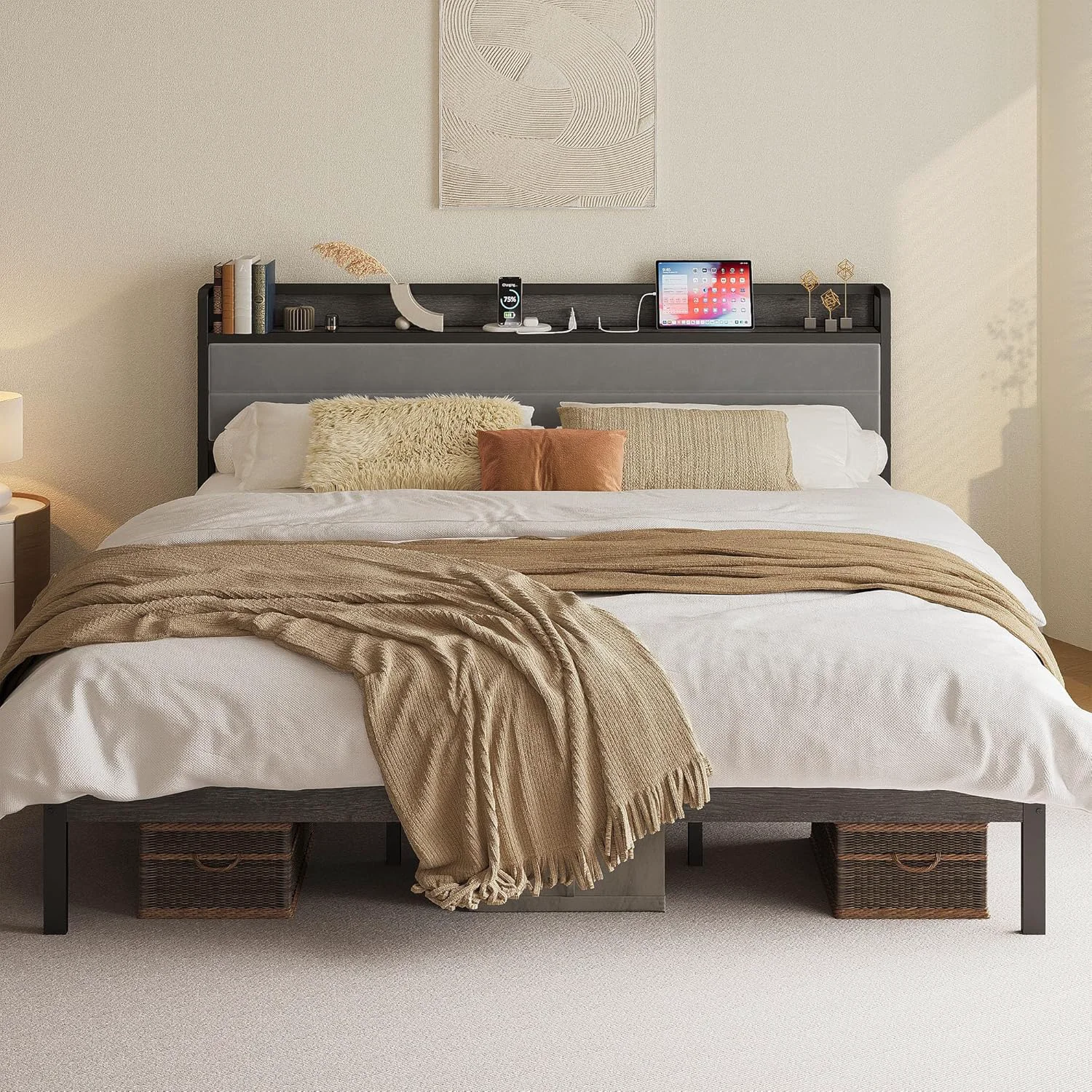 Convenient California King Bed Frame with LED Storage Headboard and Charging Station Charcoal Gray Metal Platform Bed with Under Bed StorageCalifornia King Bed Frame with LED Storage Headboard and Charging Station Charcoal Gray Metal Platform Bed with Under Bed Storage World-Class