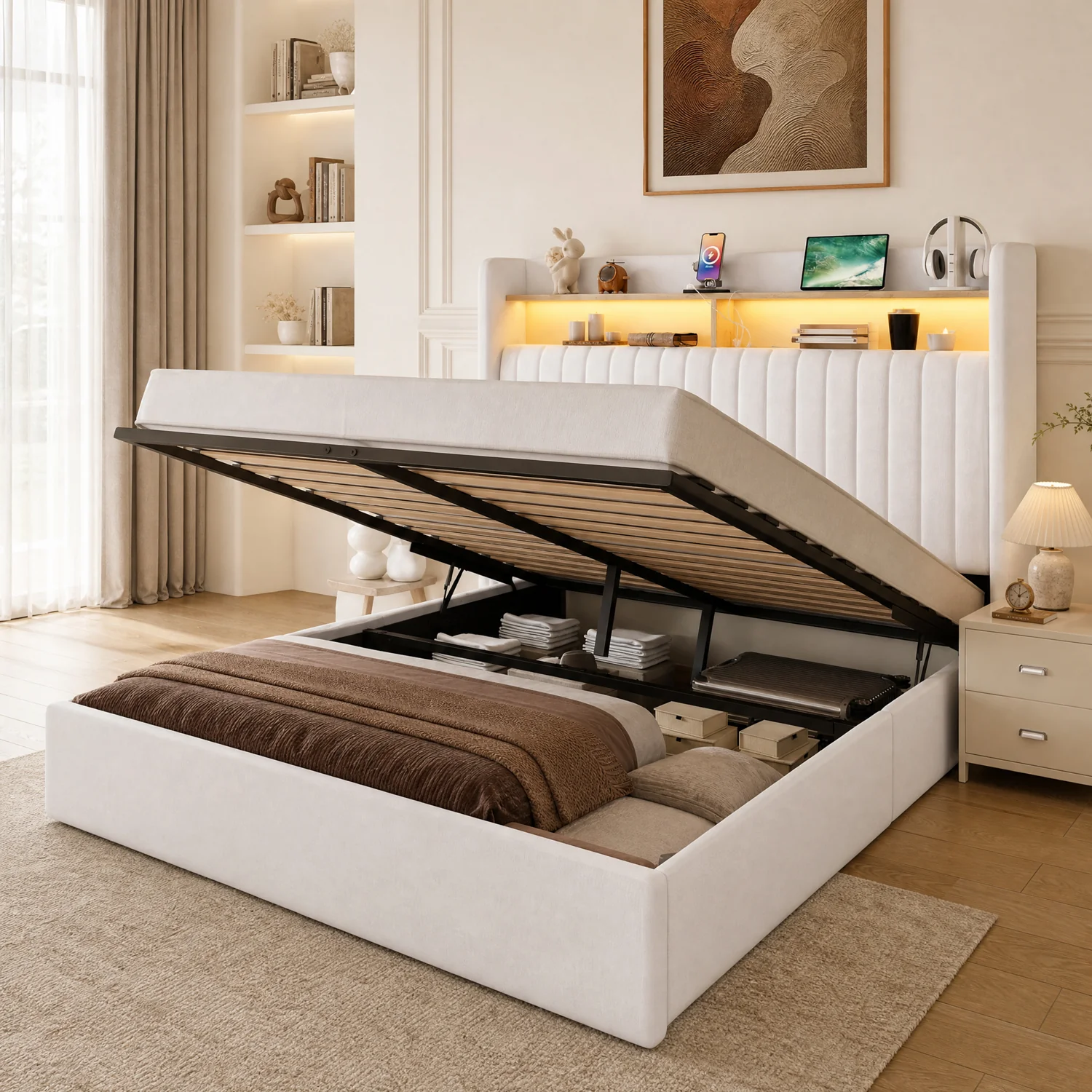 Certified Lift Up Storage Bed Frame with Charging Station LED Lights Upholstered Wingback Bed with Hydraulic Storage and Shelf HeadboardLift Up Storage Bed Frame with Charging Station LED Lights Upholstered Wingback Bed with Hydraulic Storage and Shelf Headboard Elegant