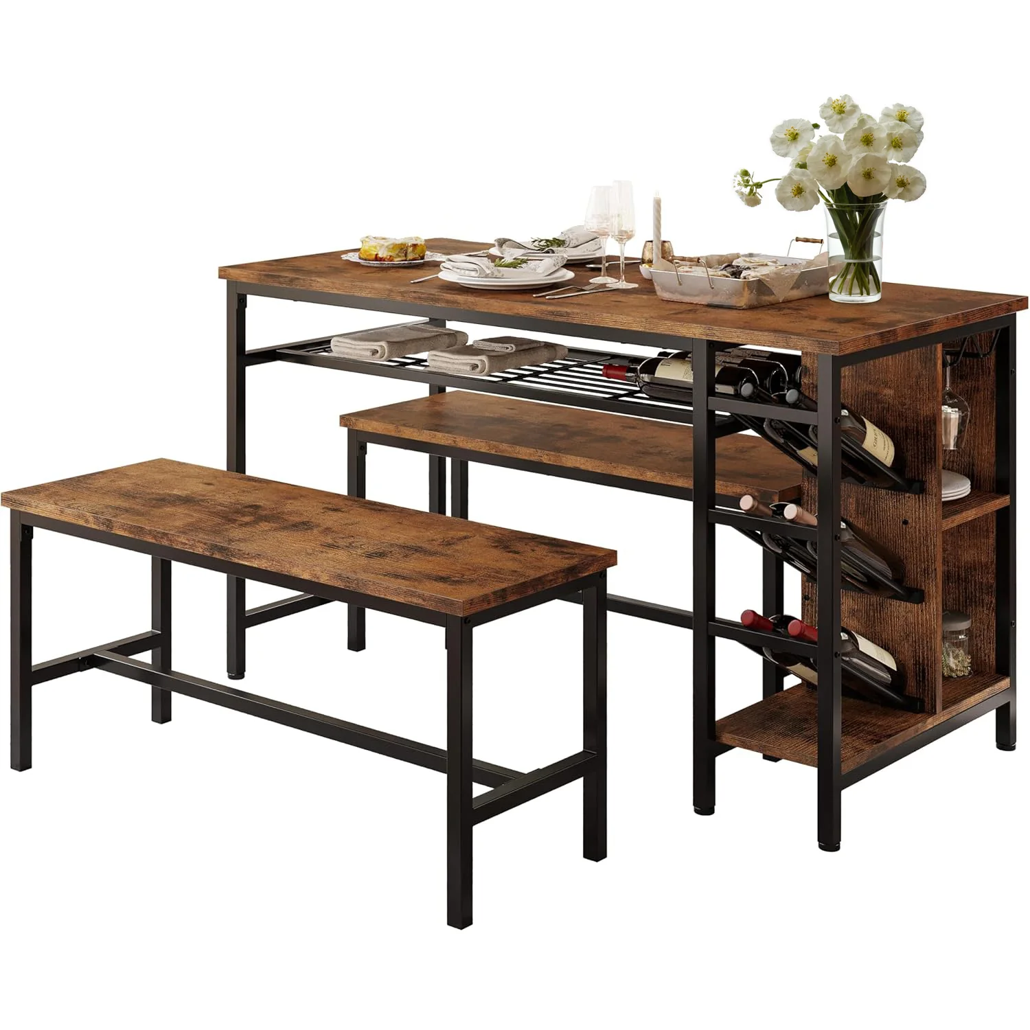 Traditional 3-Piece Industrial Dining Table Set 47 Inch Kitchen Table with 2 Benches Wine Rack and Glass Shelf3-Piece Industrial Dining Table Set 47 Inch Kitchen Table with 2 Benches Wine Rack and Glass Shelf Unique