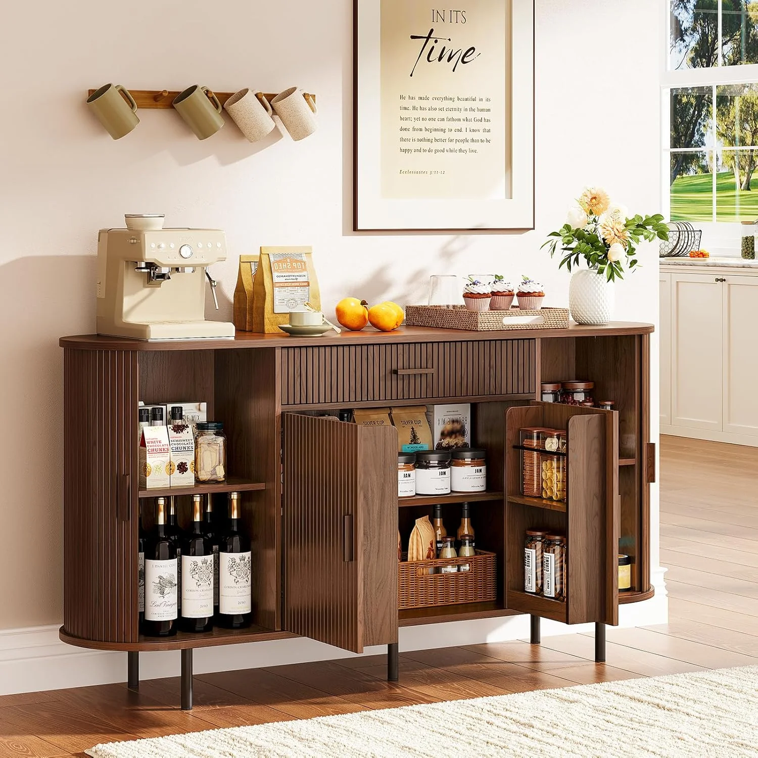 Carefully Designed Sideboard Buffet Cabinet 63-inch Kitchen Cabinet Coffee Bar Cabinet with Sliding DoorSideboard Buffet Cabinet 63-inch Kitchen Cabinet Coffee Bar Cabinet with Sliding Door Unique