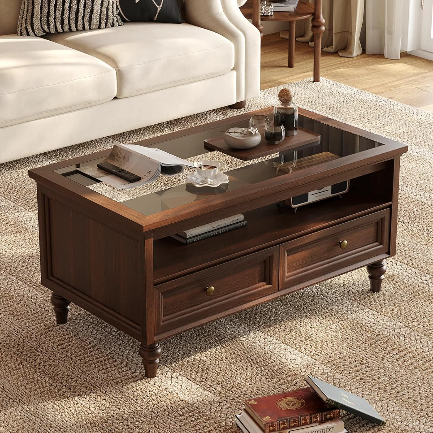 Effective 39.4 Farmhouse Coffee Table with Tempered Glass Top Storage Drawers Open Shelf39.4 Farmhouse Coffee Table with Tempered Glass Top Storage Drawers Open Shelf Innovative